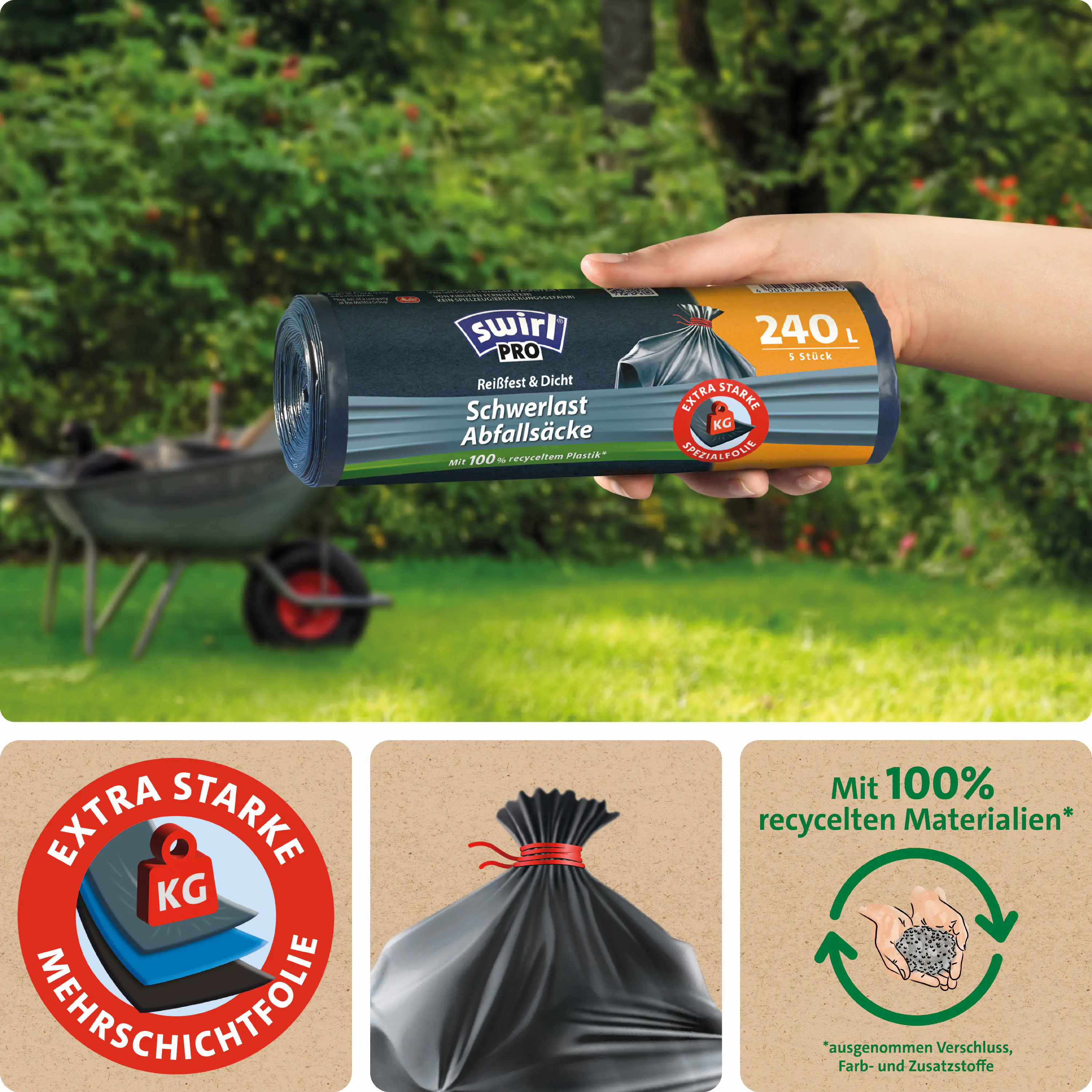 Swirl® 240 l Schwerlast-Säcke Profi mit Zugband Reißfest & Dicht