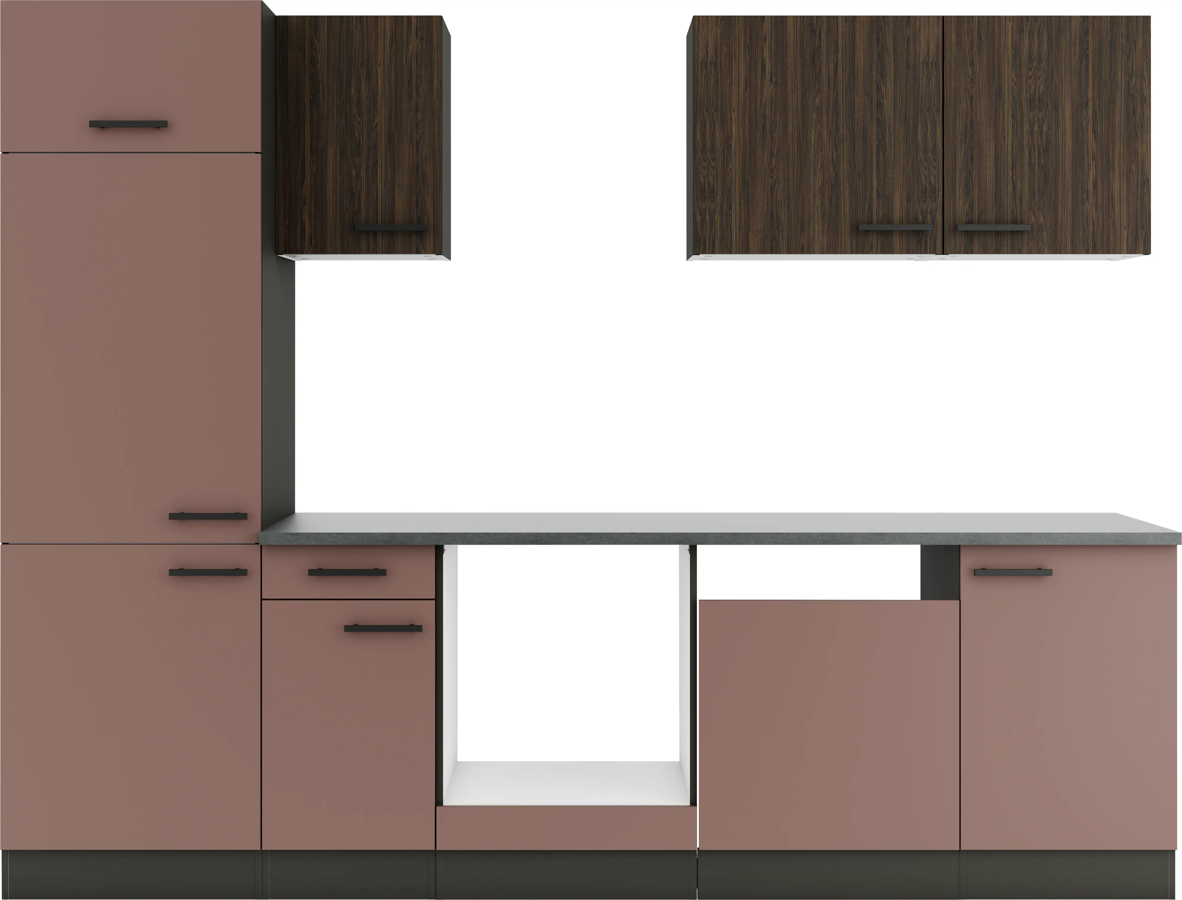 Optifit Küchenzeile Rimini 409/Nizza 407 ohne Geräte nussbaum/rostrot 270 cm 