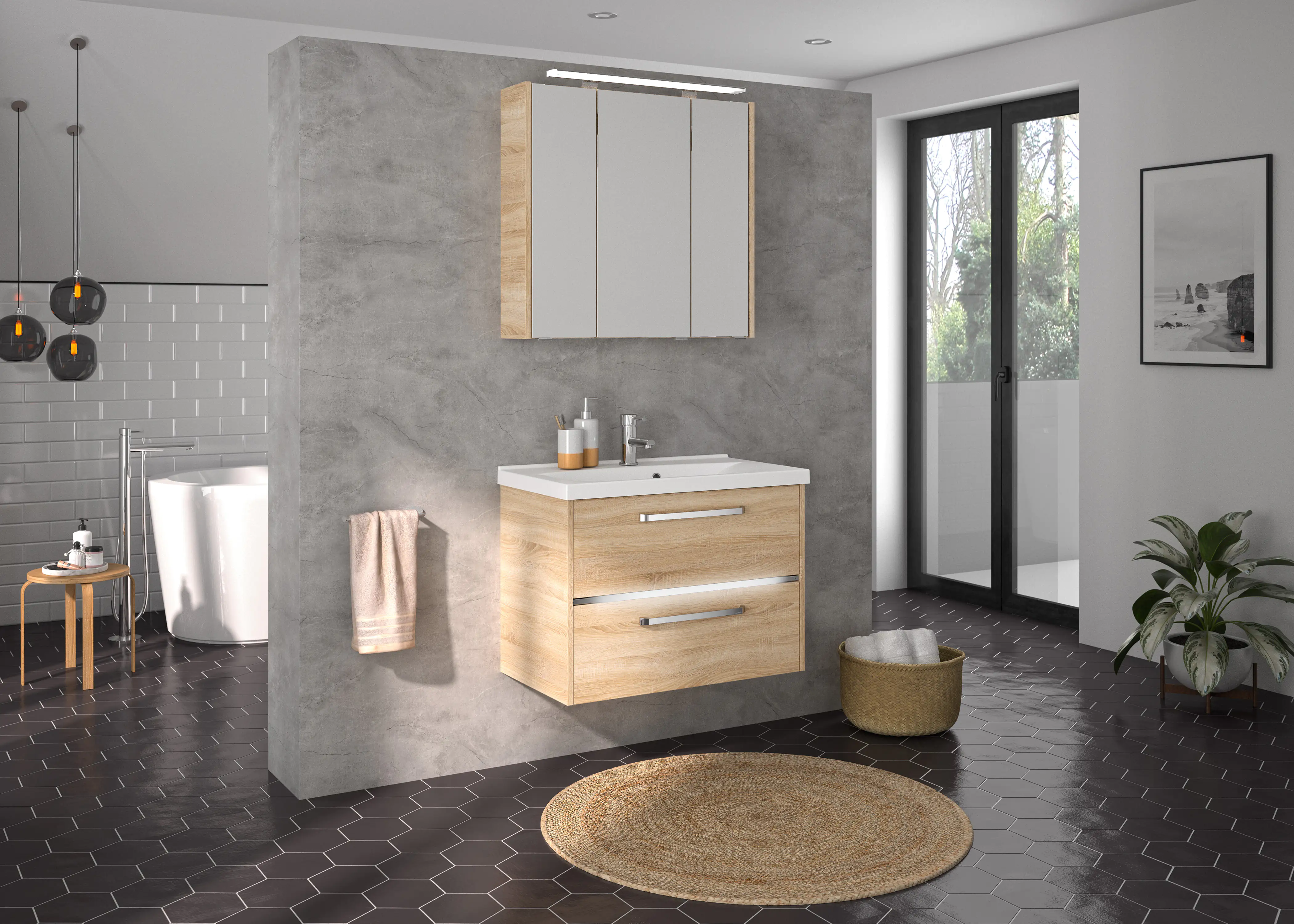 Primaster Badmöbelset Berlin eiche 77 cm LED-Leuchten, Mineralgusswaschtisch