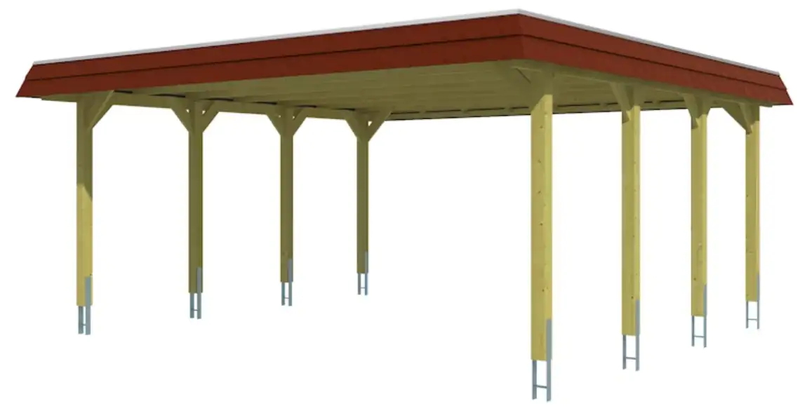 SKAN HOLZ Carport Spreewald 585 x 589 cm mit Aluminiumdach rote Blende