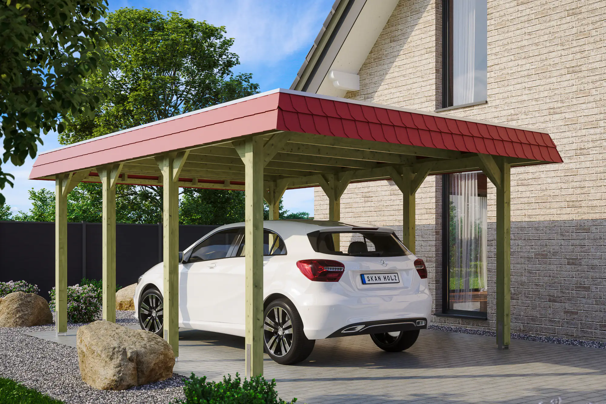 4018211034024 SKAN HOLZ Carport Spreewald 396 x 589 cm mit EPDM-Dach, rote Blende