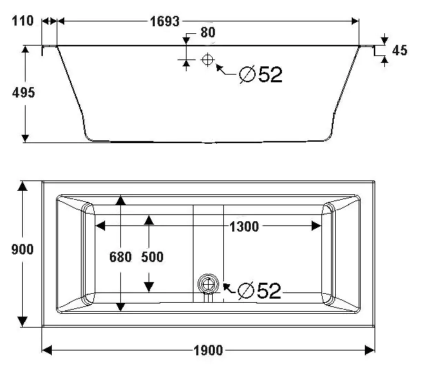 Ottofond Badewanne Cubic 190 x 90 cm, weiß
