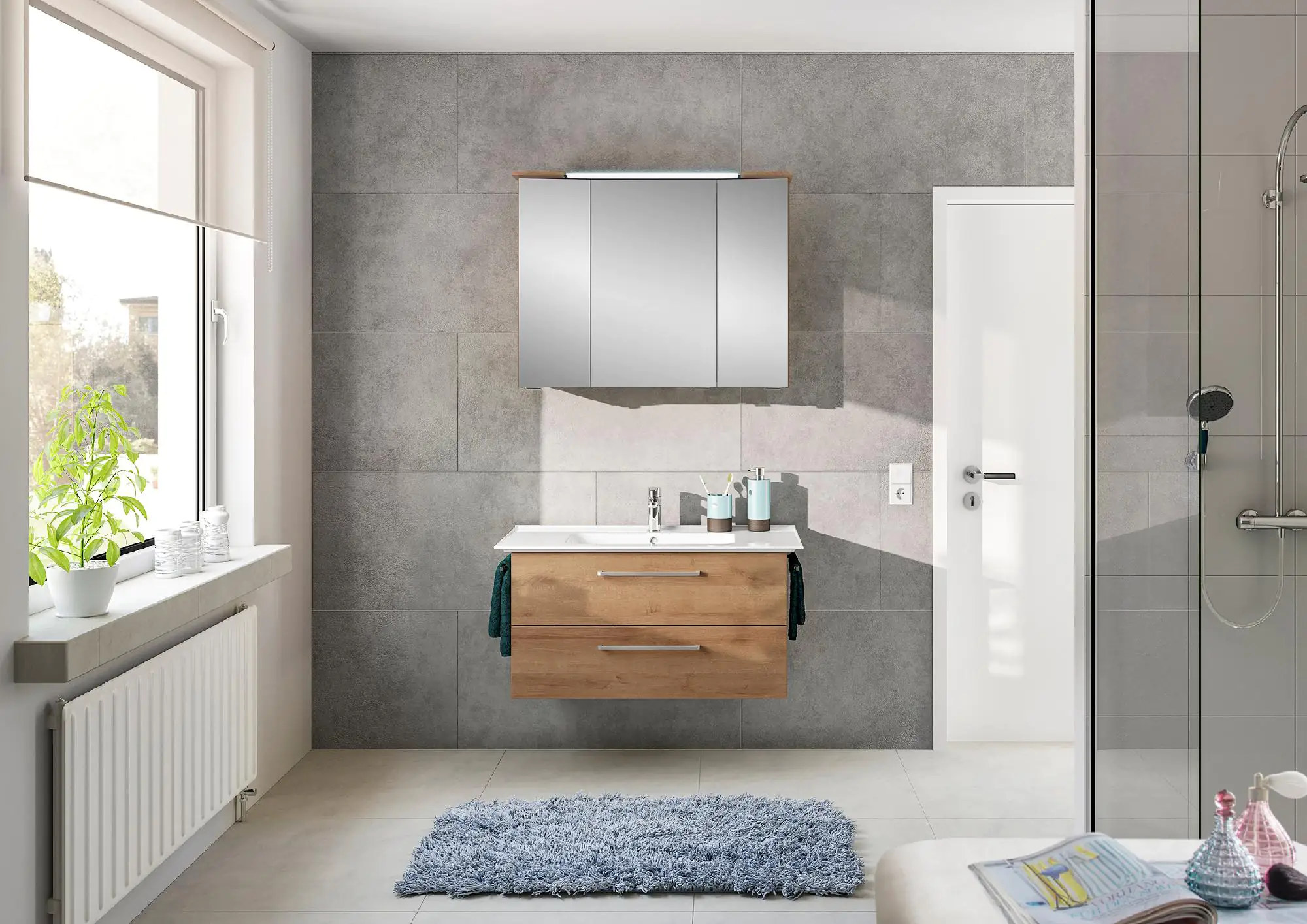 Pelipal Badmöbel-Set Riviera Eiche quer mit Keramik-Waschrisch + 3D-Spiegelschrank 100 cm