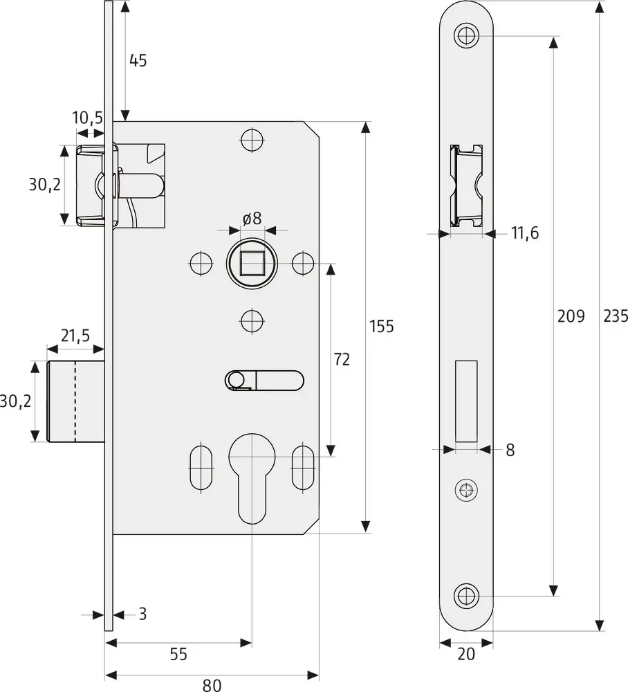 Abus Einsteckschloss ESK1 PZ2 DIN links/rechts