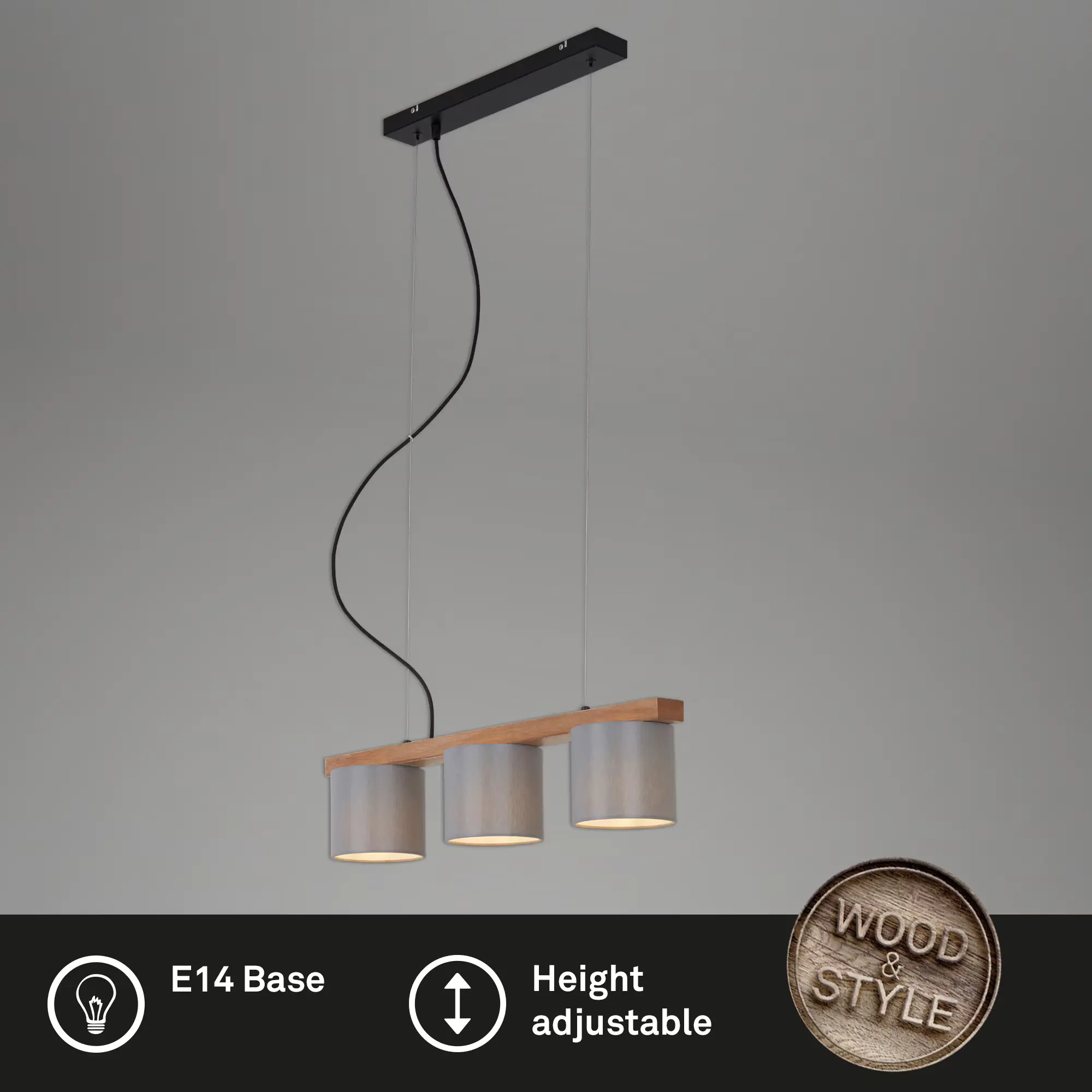 Briloner Pendelleuchte grau mit Holz Stoff 3xE14 exklusive Briloner Pendelleuchte grau mit Holz Stoff 3xE14 exklusive