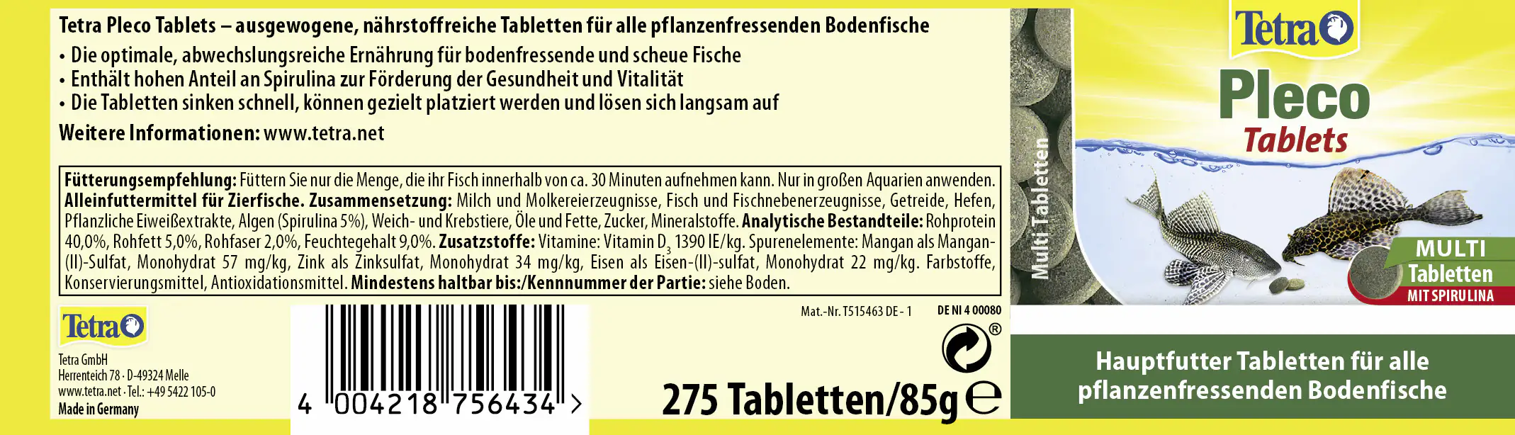 Tetra Zierfischfutter Pleco Tablets 275 Tabs