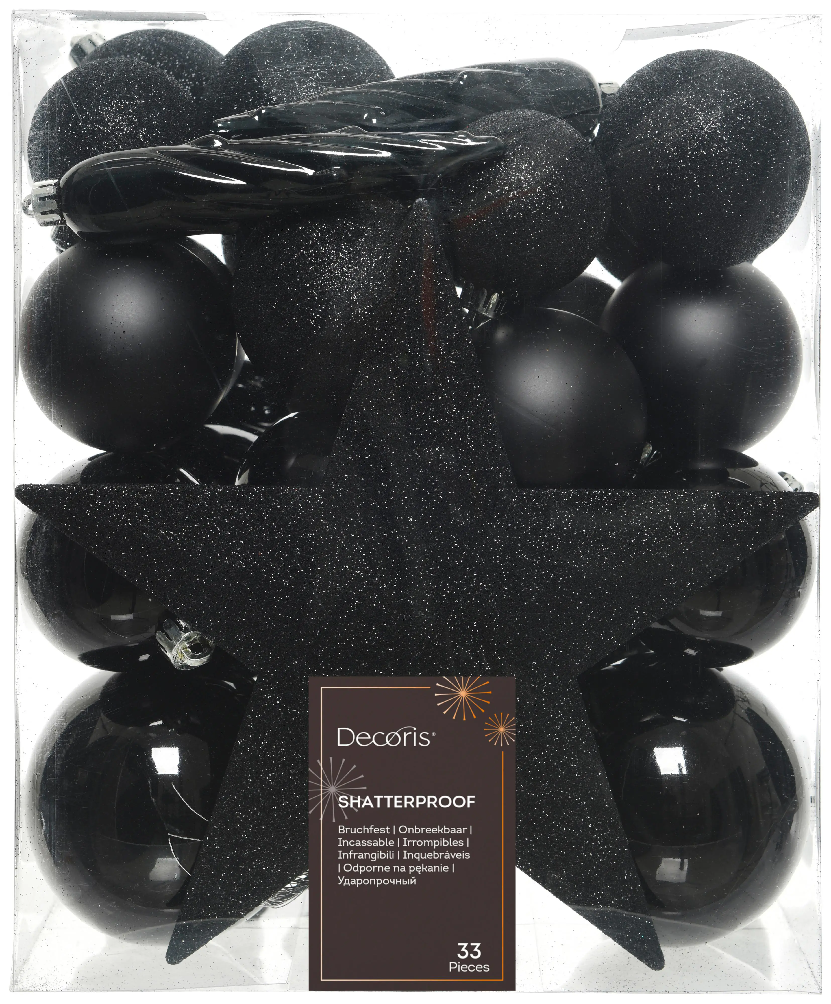 Kaemingk Weihnachtskugeln bruchfest, langlebig, schwarz 33 Kugeln + Stern
