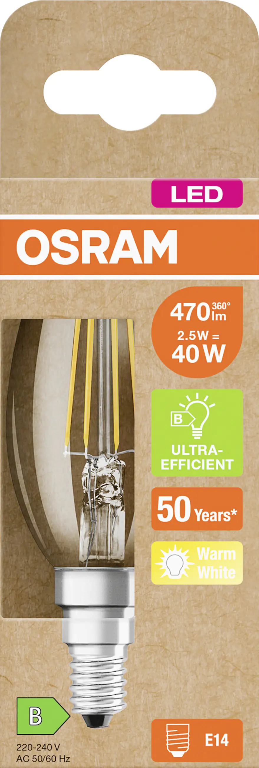 Osram LED Kerzenlampe E14 2,5 W warmweiß klar