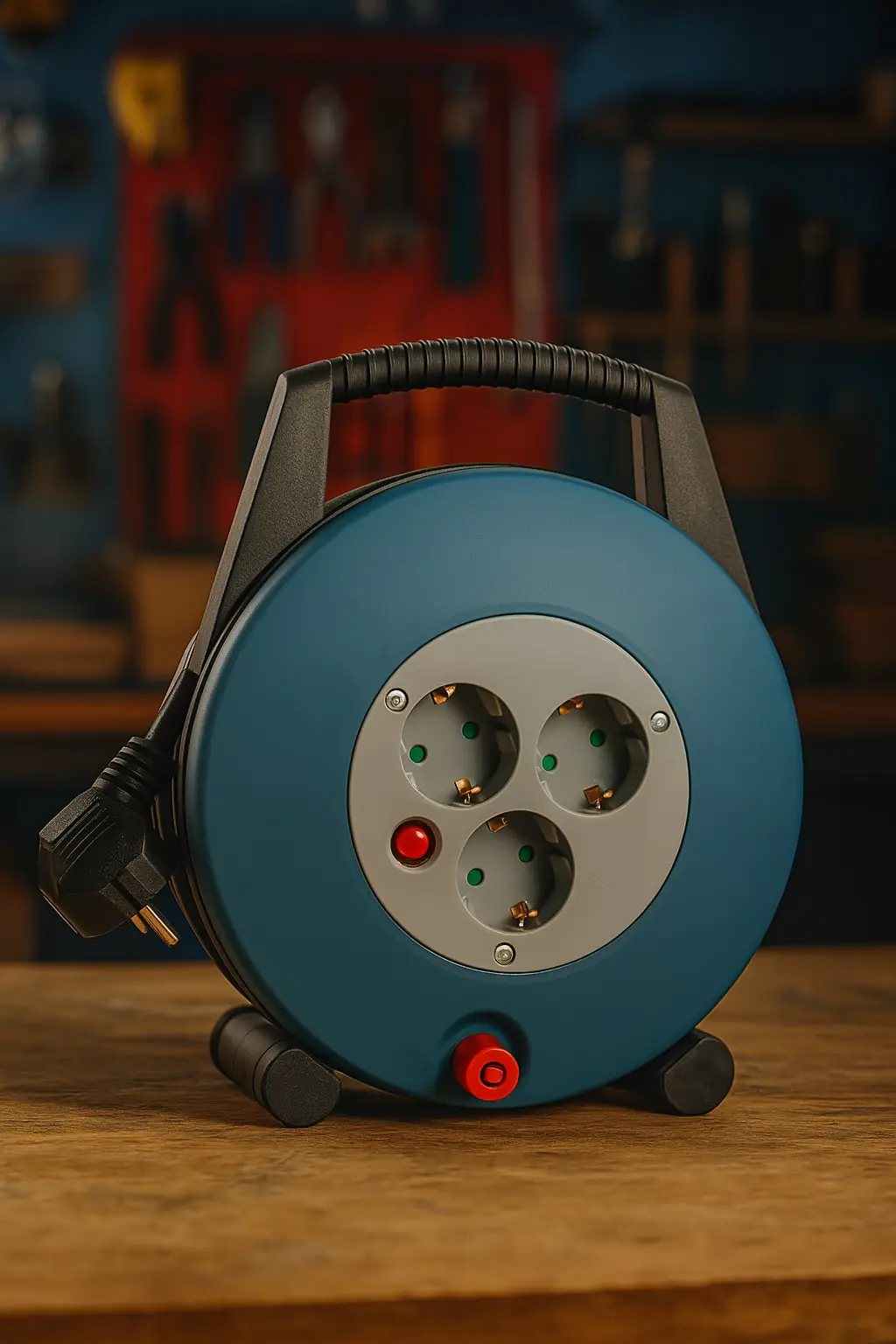 REV Kabeltrommel Innen 10 m H05VV3g 1,5 mm² petrol,  3x Schutzkontaktstecker