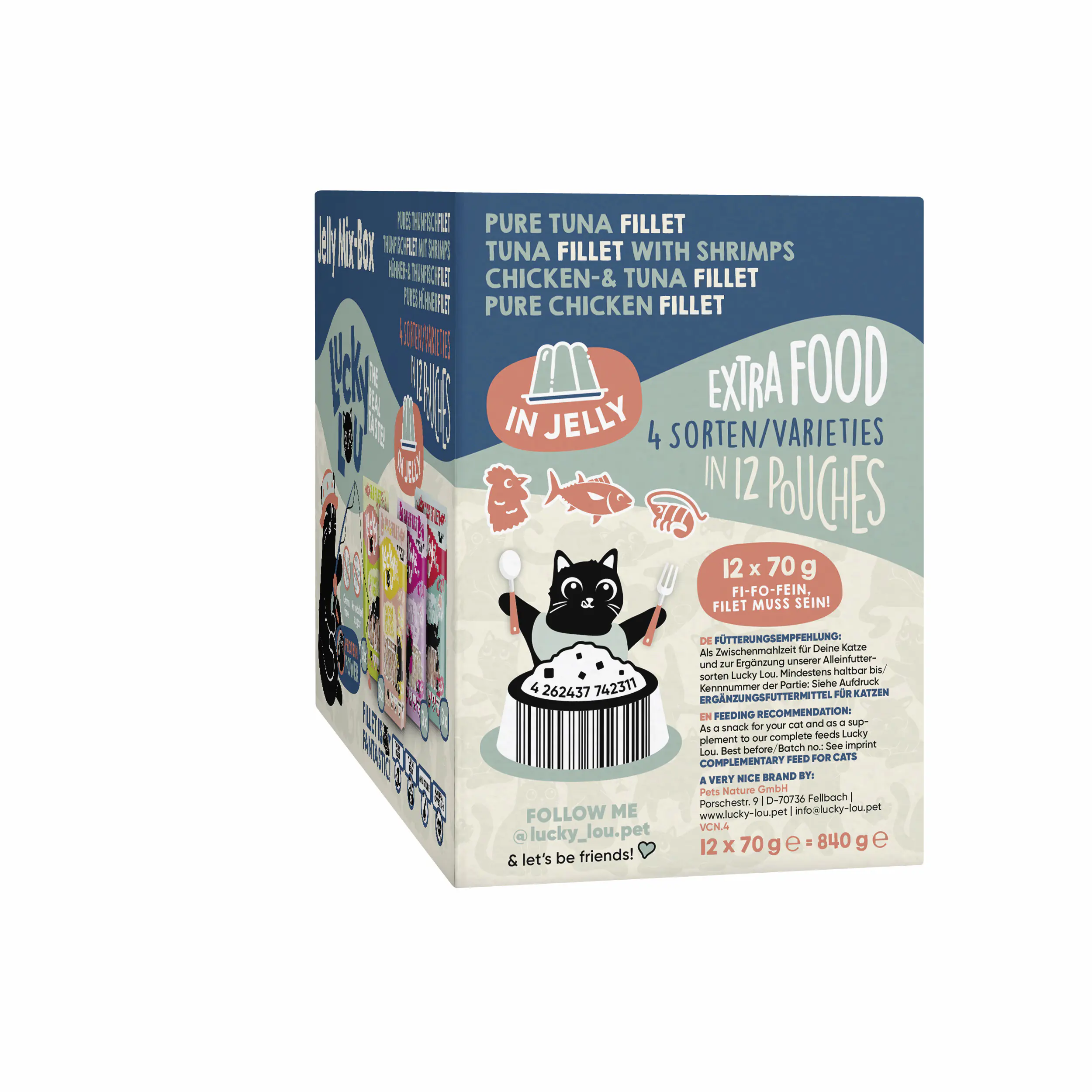 Lucky Lou Extrafood Katzennassfutter Adult getreidefrei 12 x 70 g Jelly-Mix-Box