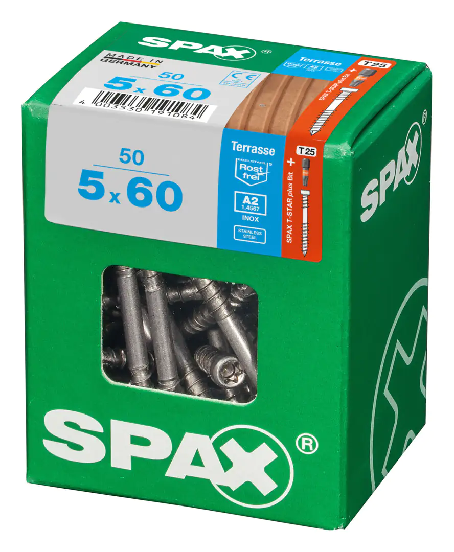 Spax Terrassenschrauben 5.0 x 60 mm TX 25 - 50 Stk. Spax Terrassenschrauben 5.0 x 60 mm TX 25 - 50 Stk.