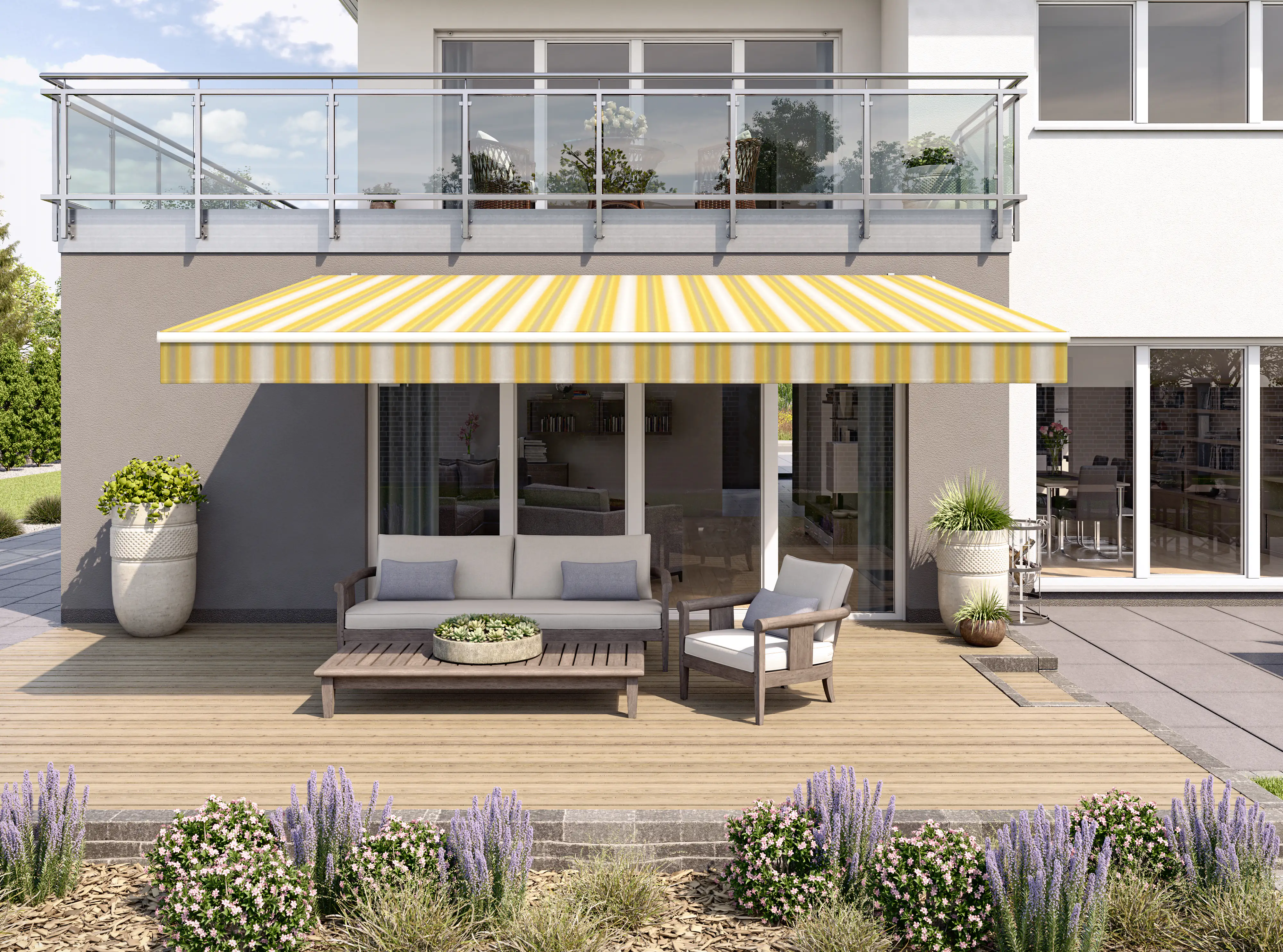 Gelenkarmmarkise Classic grau-gelb gestreift inkl. Motor, Handsender, Solar Panel