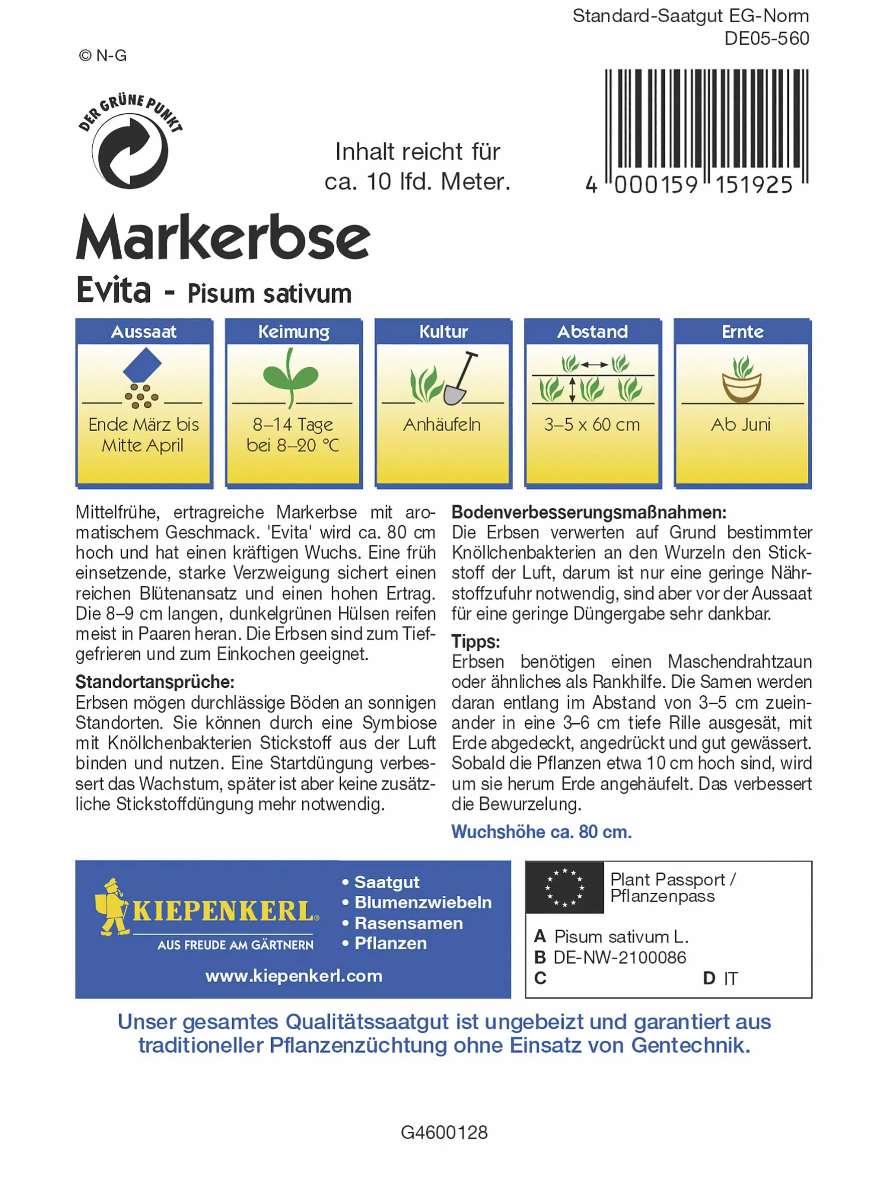 Kiepenkerl Markerbse Evita Inhalt reicht für ca. 10 lfd. Meter