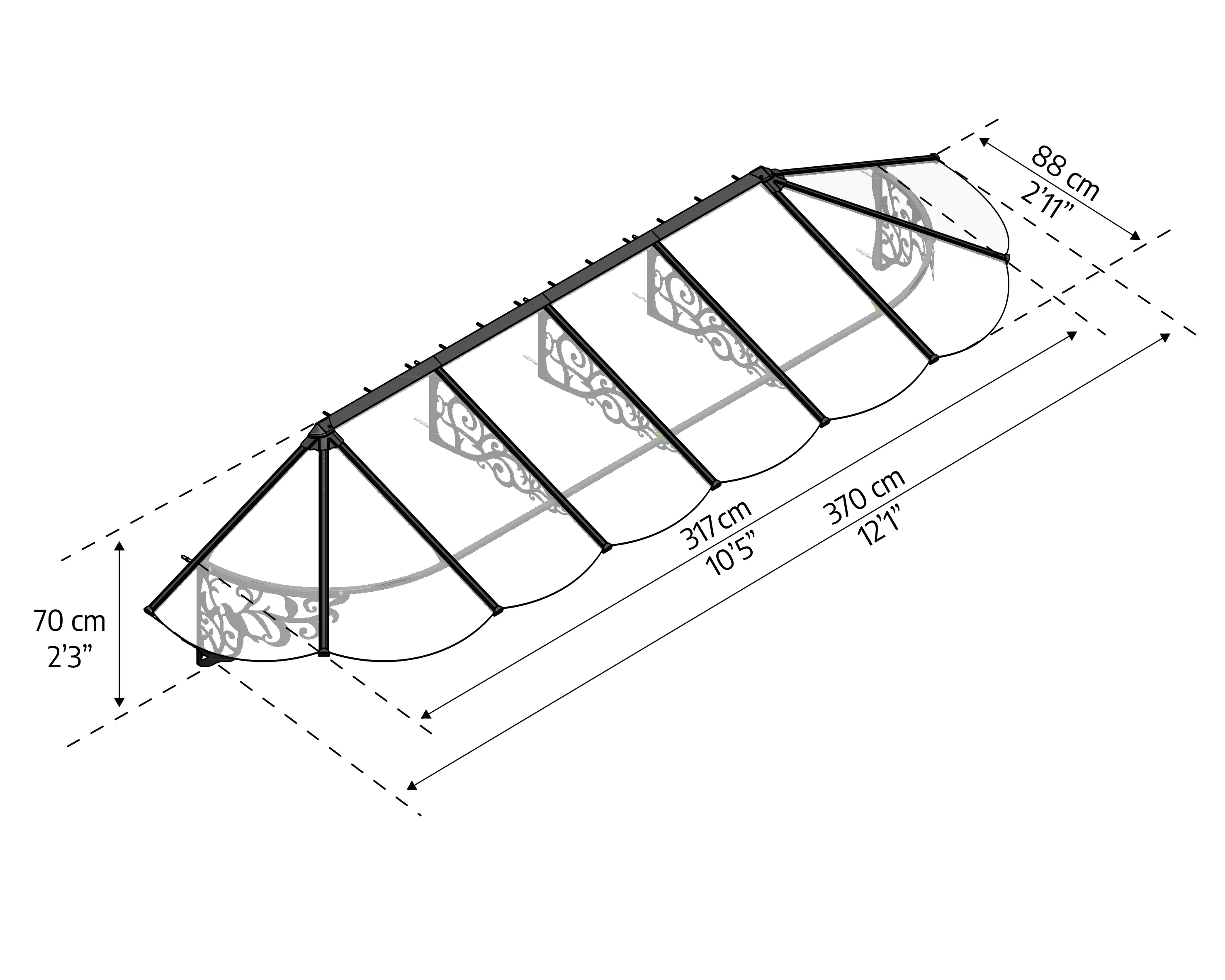 Canopia Vordach Lily 3600 Schwarz Alu 370 x  88 cm