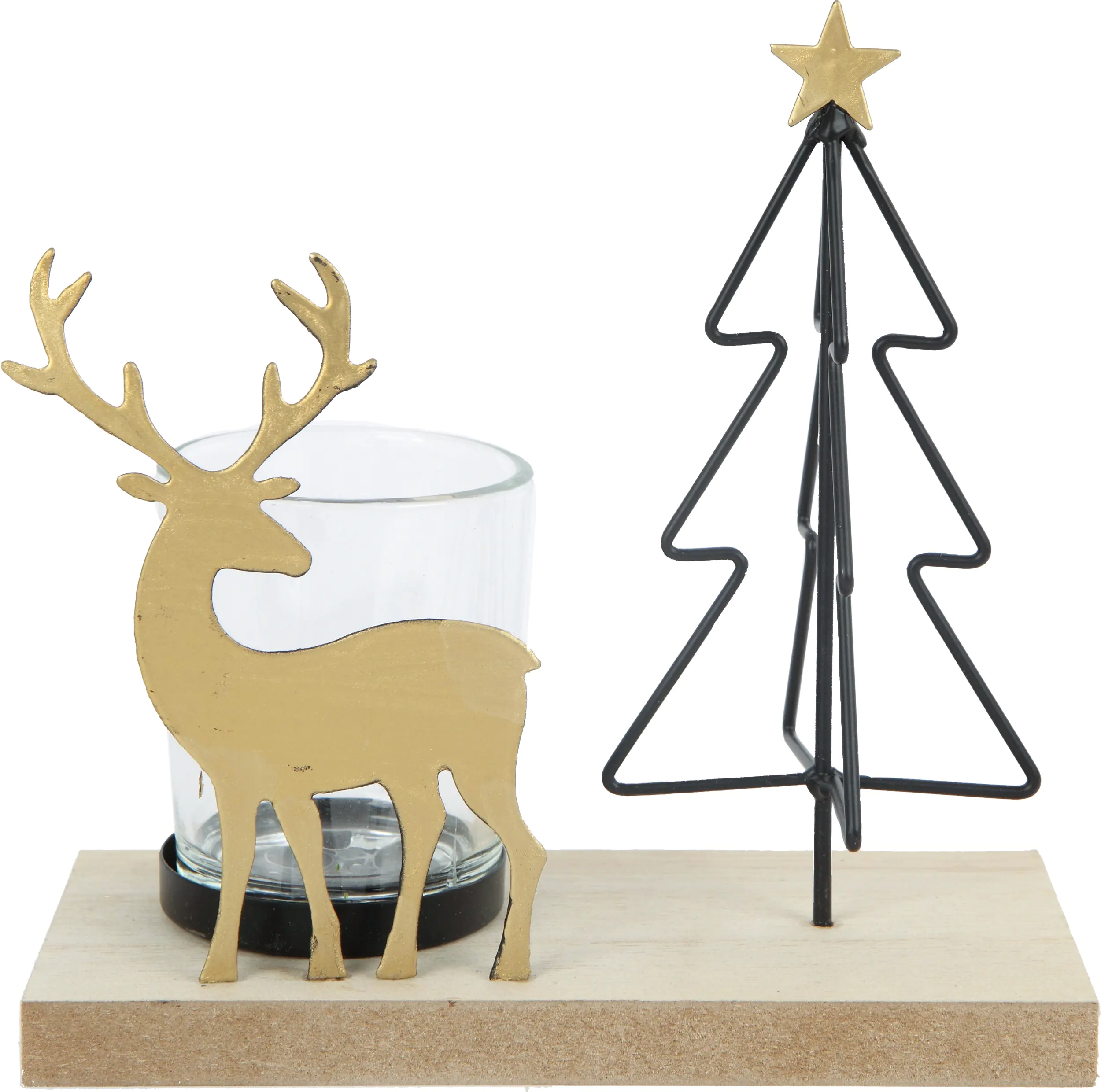 TrendLine Teelichthalter Holz-Metall mit Hirsch und Tannenbaum 15 x 7 x 14,5 cm mehrfarbig