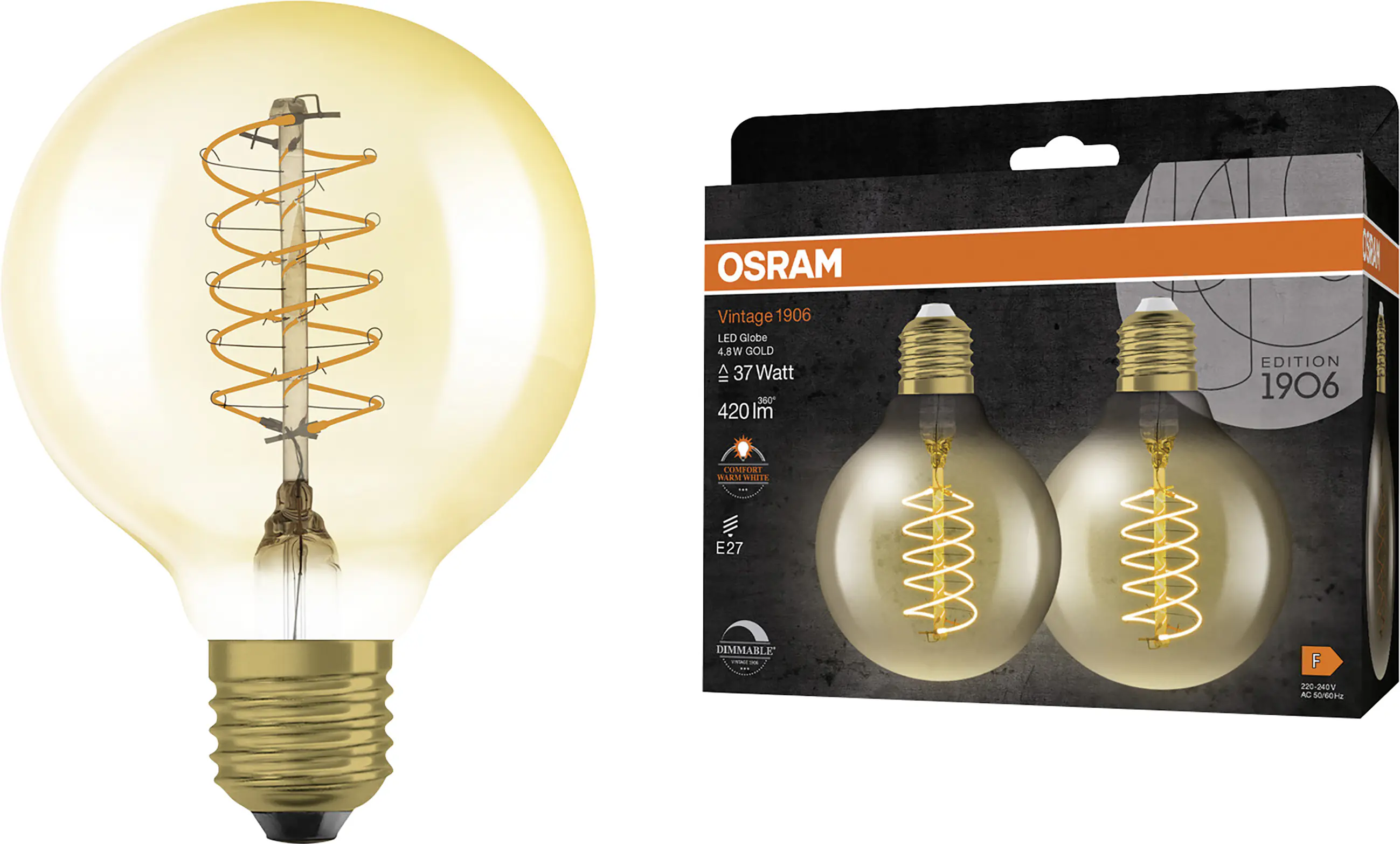 Osram LED Leuchtmittel E27 2er Pack Vintage 1906 Globe 4,8W Gold dimmbar warmweiß Osram LED Leuchtmittel E27 2er Pack Vintage 1906 Globe 4,8W Gold dimmbar warmweiß