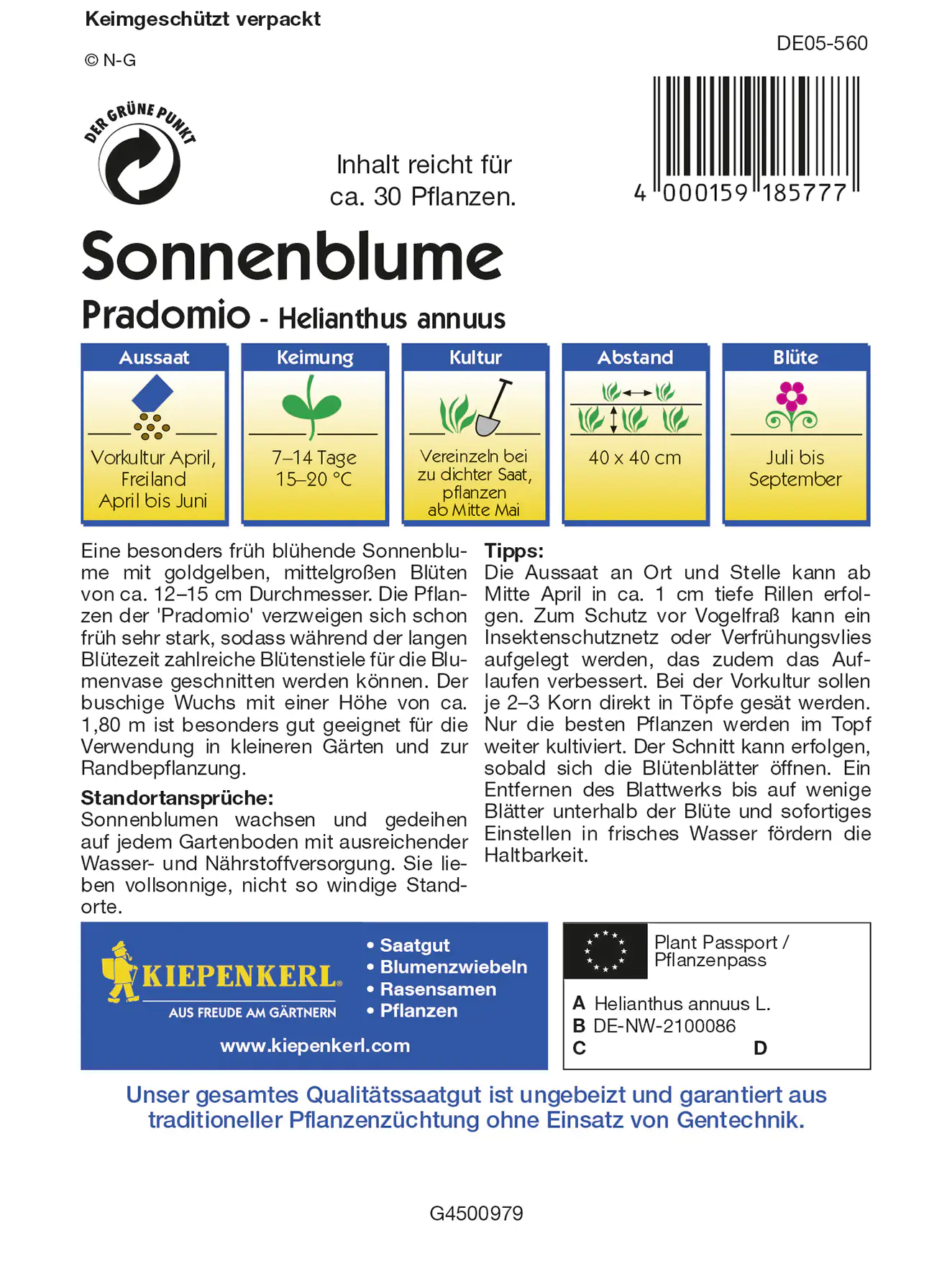 Kiepenkerl Sonnenblume Pradomio Inhalt reicht für ca. 30 Pflanzen