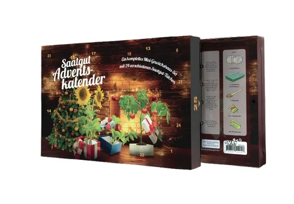 Saatgut Adventskalender Kamin mit komplettem Mini Gewächshaus Set