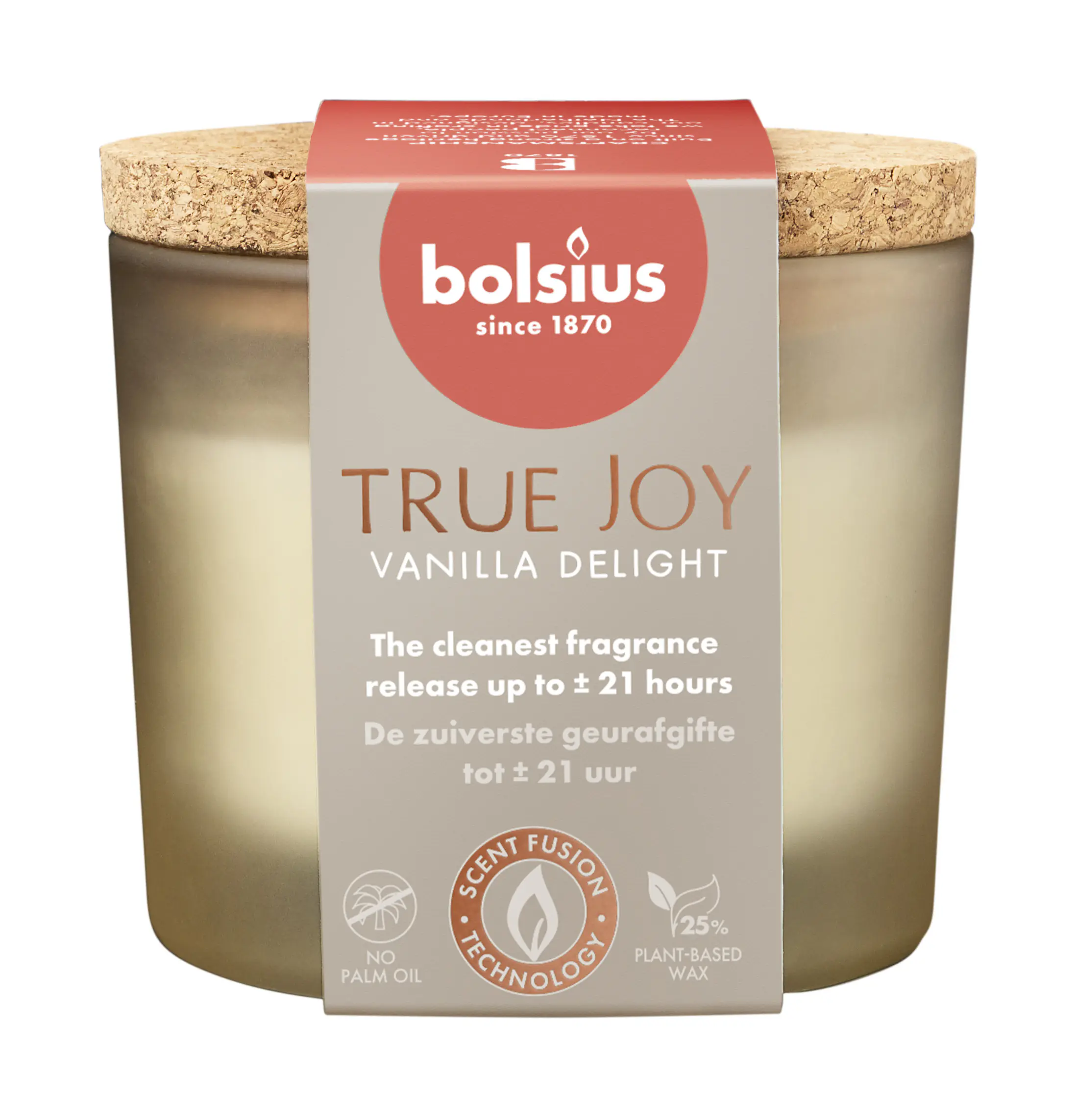 Bolsius Duftkerze True Joy Vanilla Delight 7 cm im Glas mit Korkdeckel