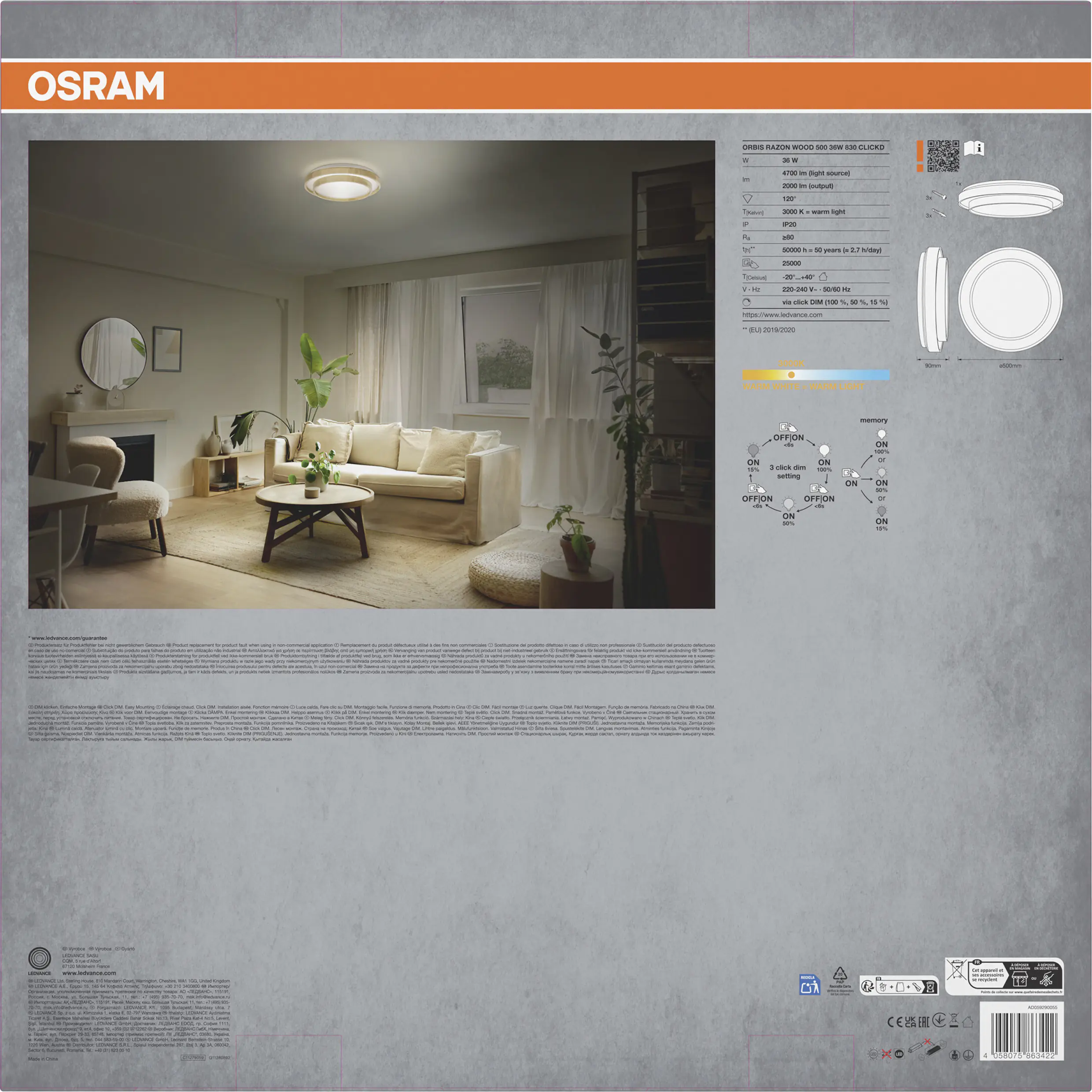 Osram LED-Deckenleuchte Orbis Razon Wood Ø 50 cm 36 W Holzdekor dimmbar