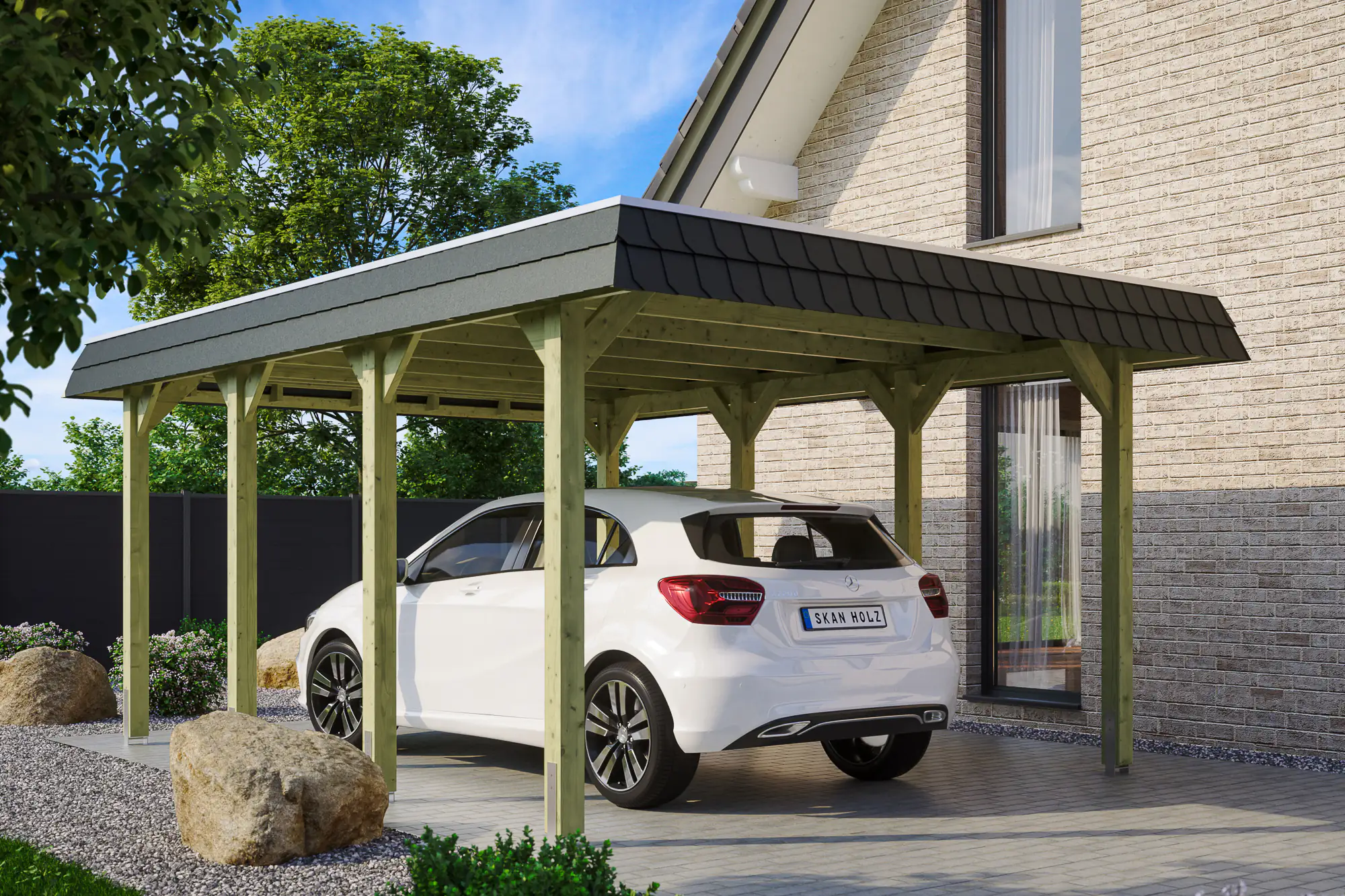 4018211034000 SKAN HOLZ Carport Spreewald 396 x 589 cm mit EPDM-Dach, schwarze Blende