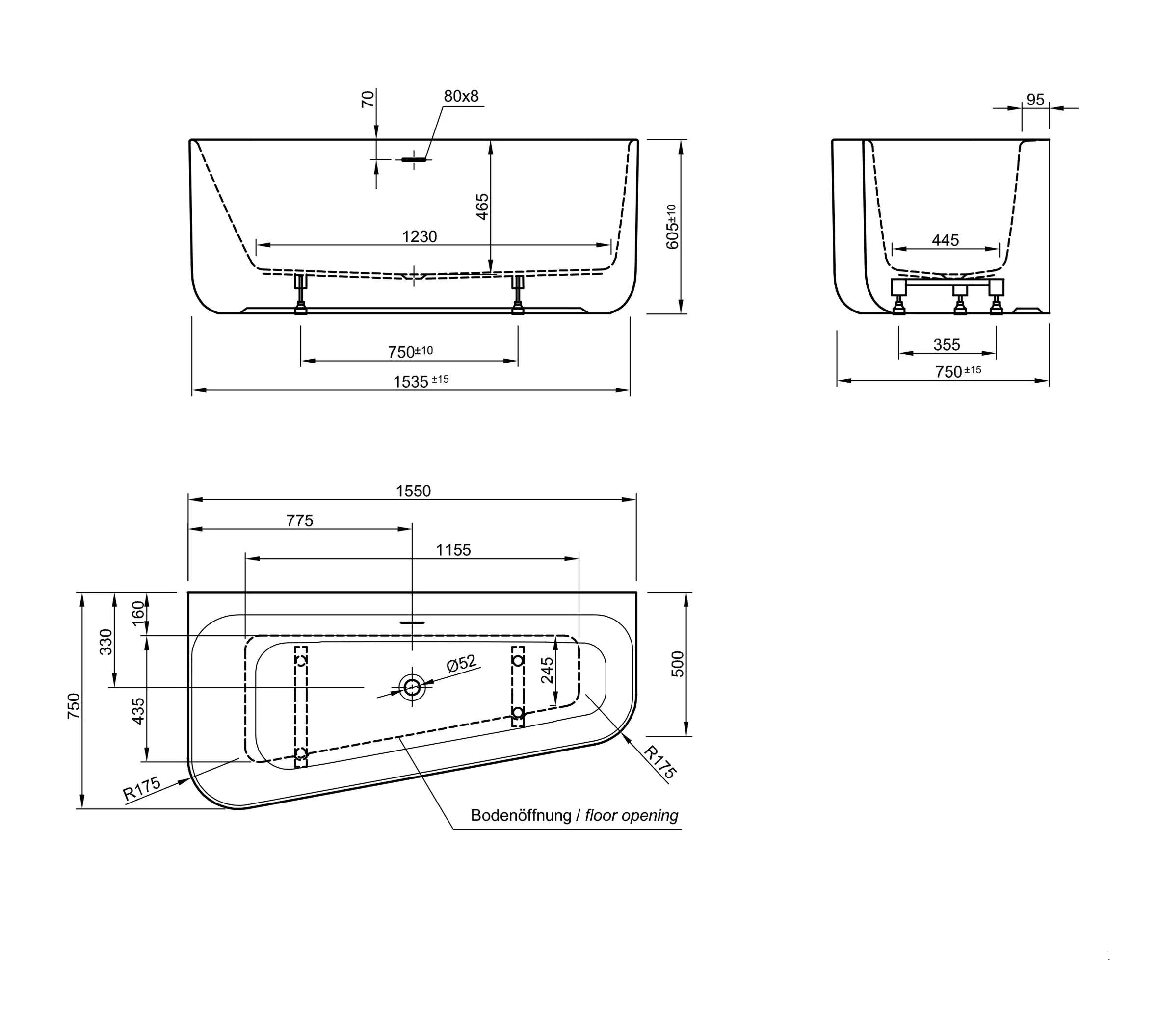Ottofond Badewanne Pino rechts 155x75x46,5 cm, weiß, Modell A