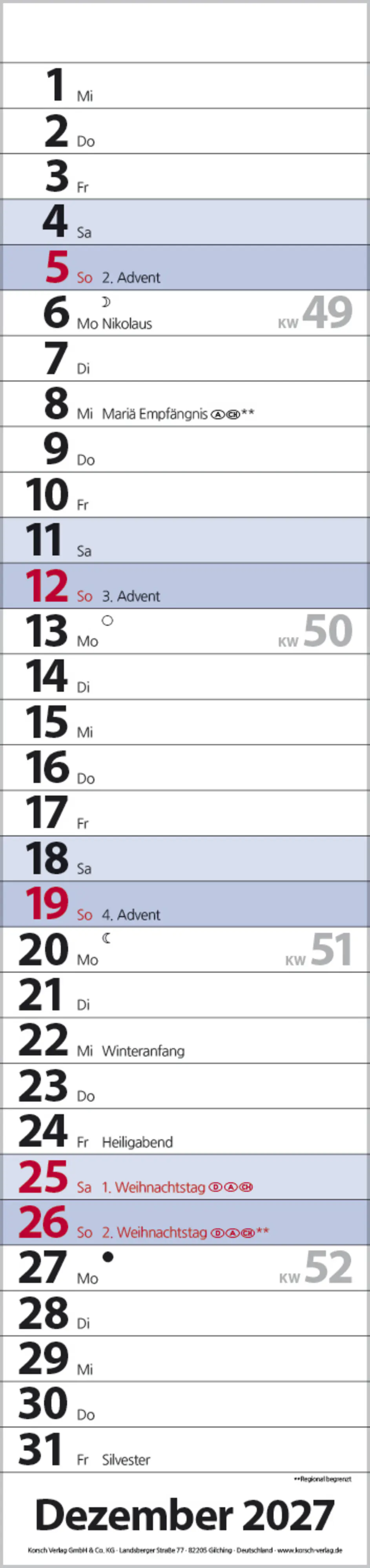 Korsch Kalender Streifenplaner Compact 2027 blau