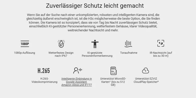 Ezviz WLAN Outdoor Überwachungskamera H3c mit Peronenerkennung  