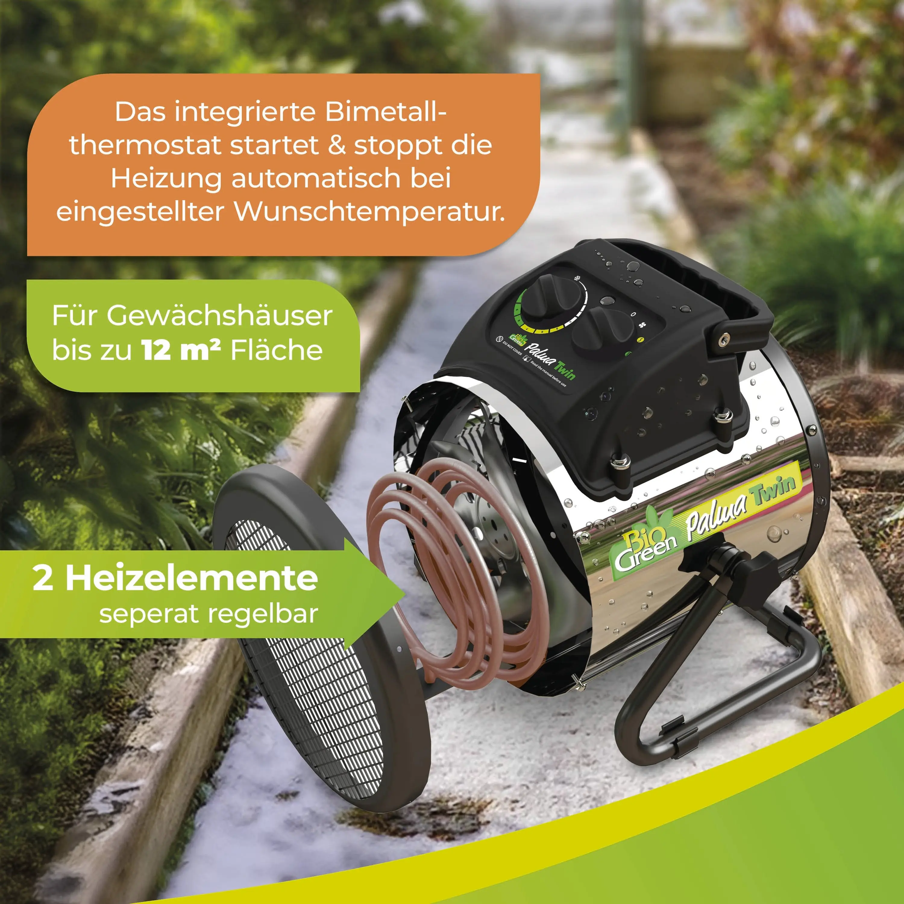 BioGreen Elektroheizung für Gewächshaus Palma Twin Basic silber/schwarz 25 x 30 cm mit manuellem Thermostat 1000/2000 W