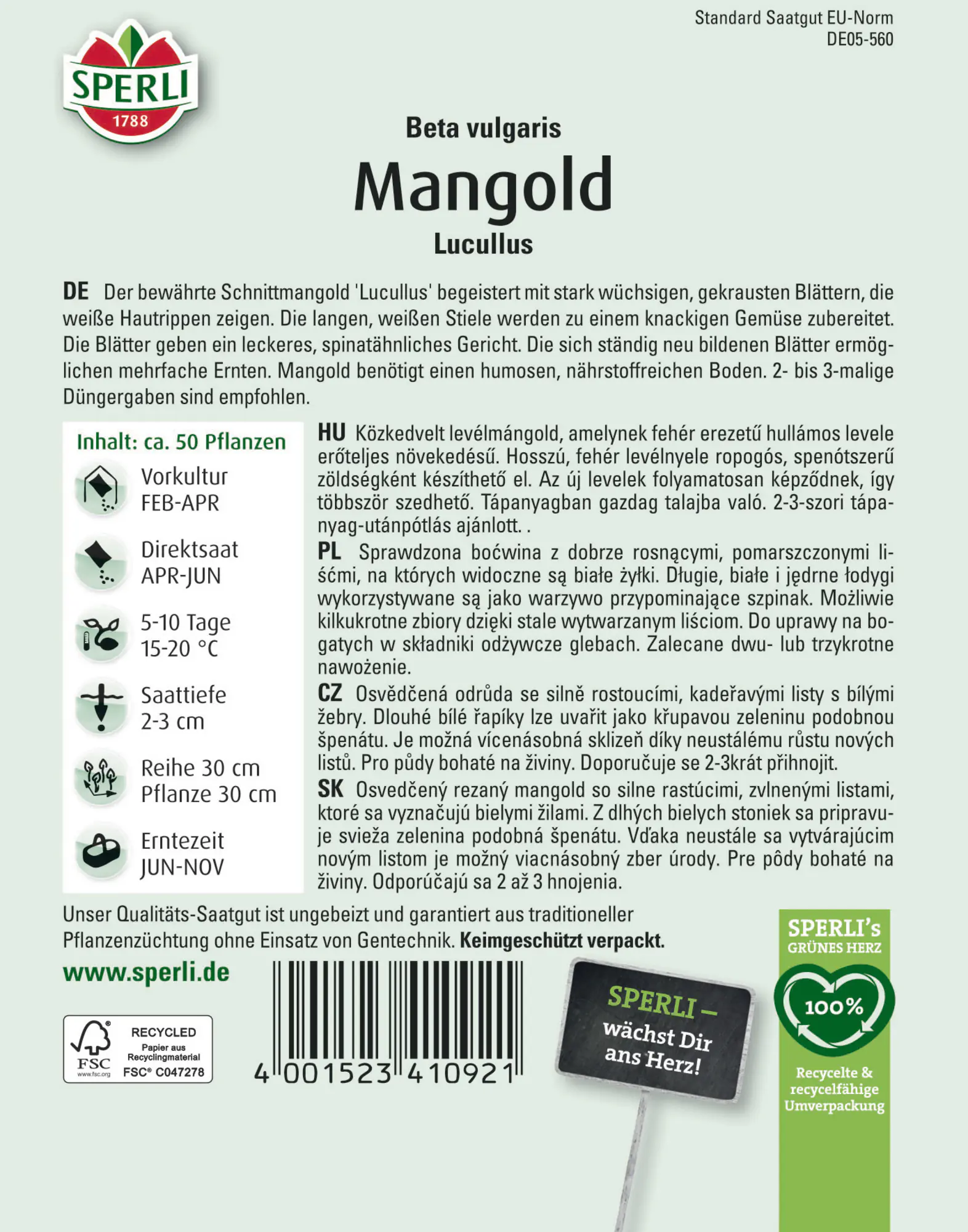 Sperli Saatgut Mangold Lucullus für ca. 50 Pflanzen