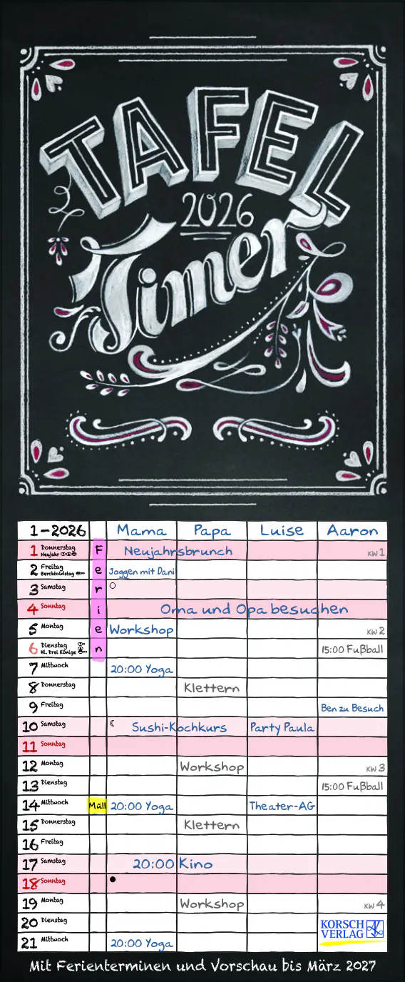 Korsch Kalender Familientimer Tafel Timer 2026