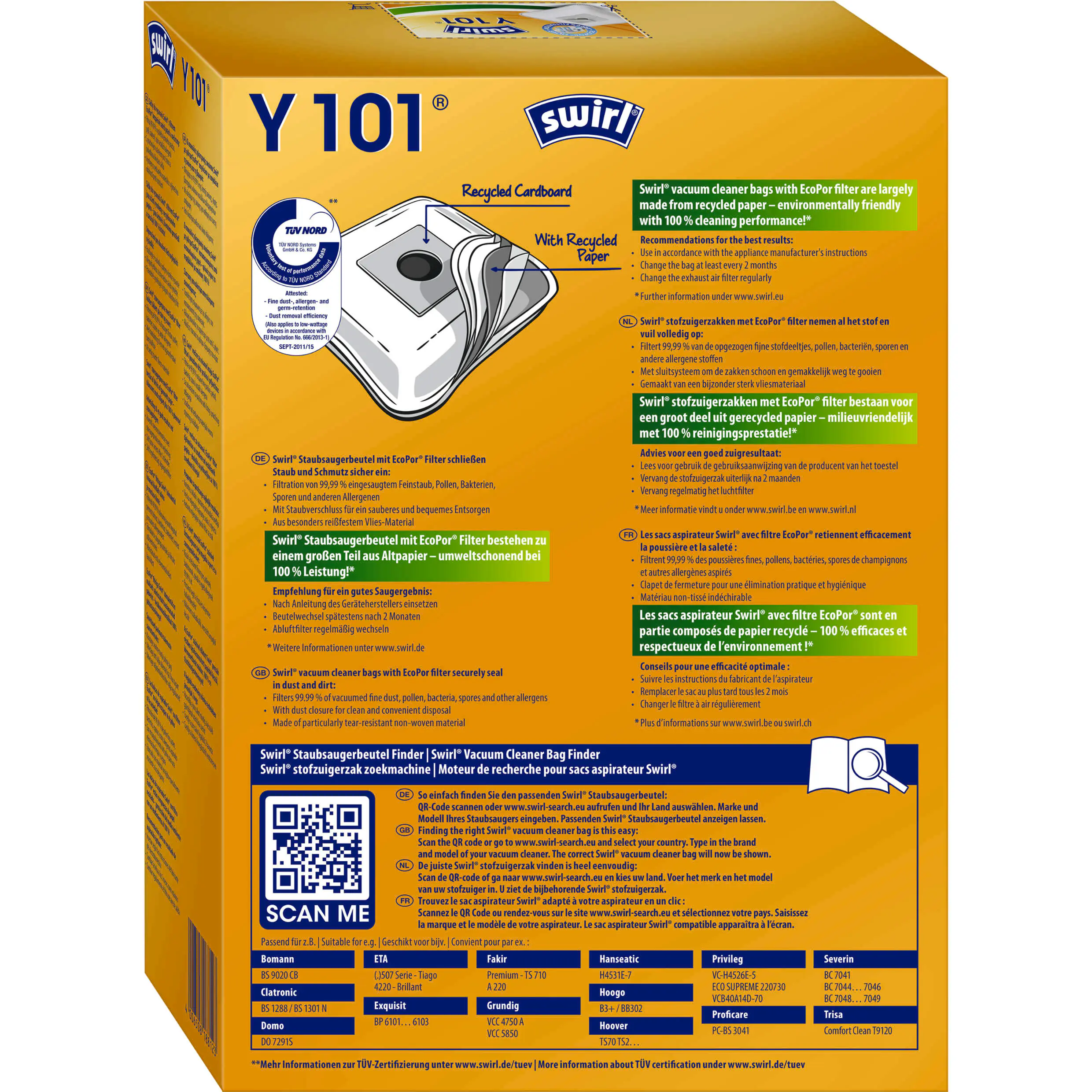 Swirl Y 101 EcoPor Staubsaugerbeutel 4 Staubbeutel + 1 Filter