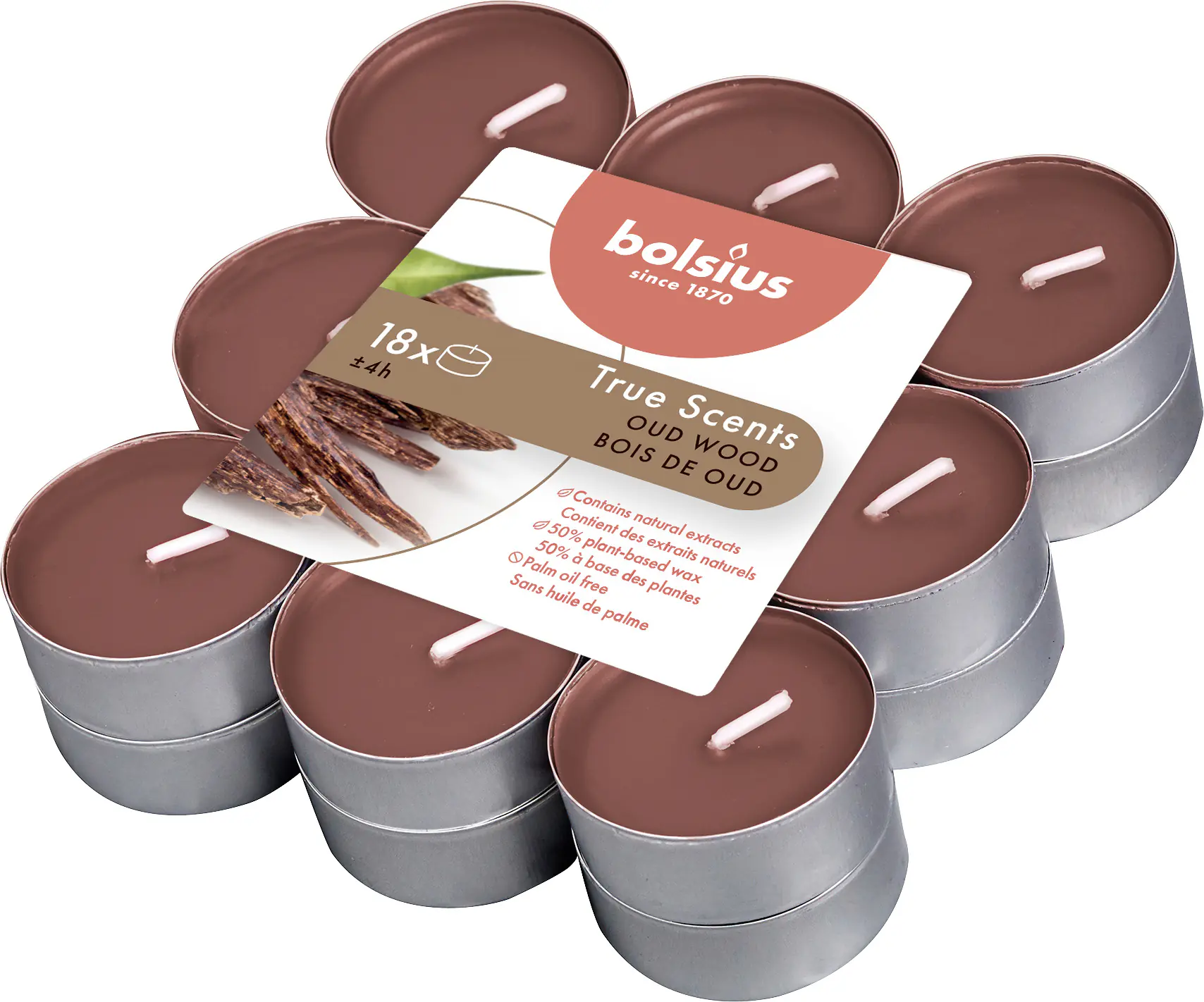 Bolsius Duftteelichter Oud Wood, Höhe 1,15 cm, Ø 3,1 cm, 18er Pack