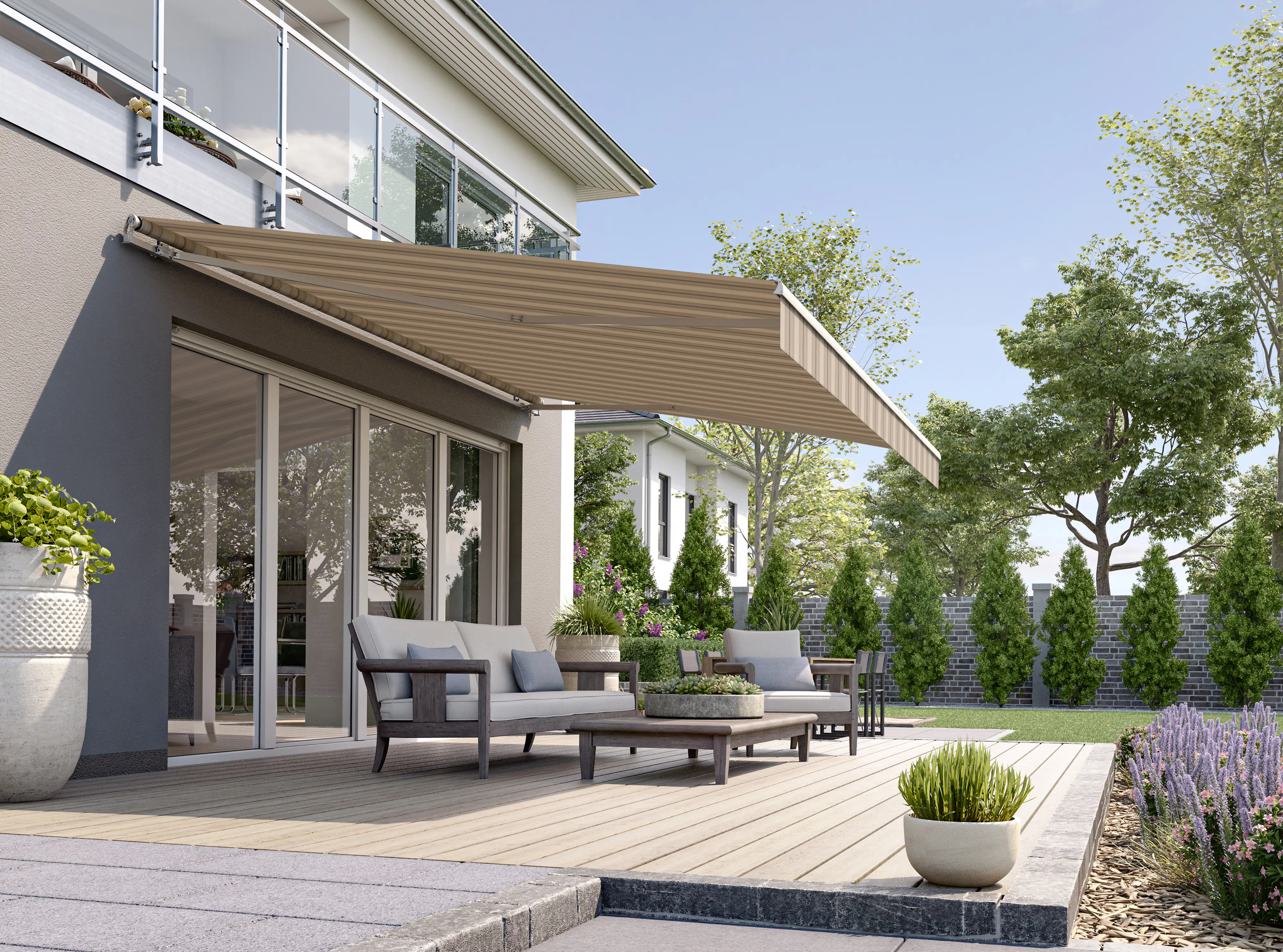 Gelenkarmmarkise Classic beige-braun gestreift inkl. Motor, Handsender, Solar Panel