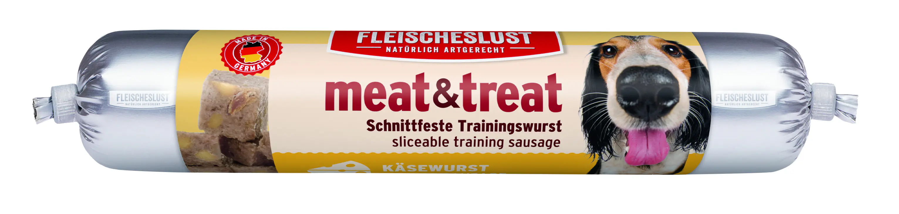 Fleischeslust meat&treat Hundesnack ohne Zucker 80 g Käsewurst Huhn