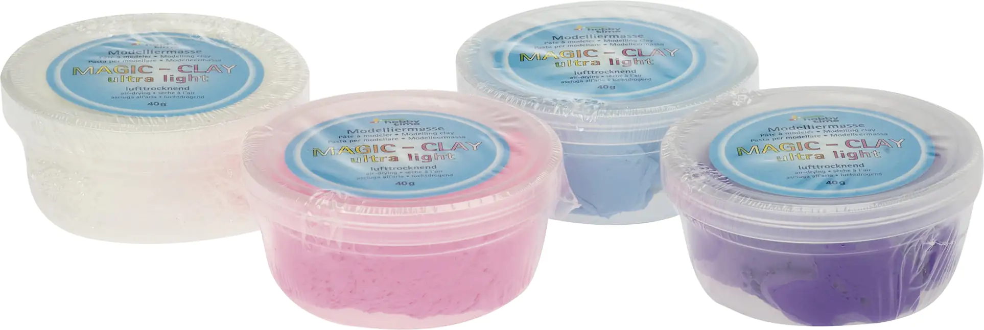 Glorex Magic-Clay ultra-light 4 x 40 g weiß hellblau rosa violett