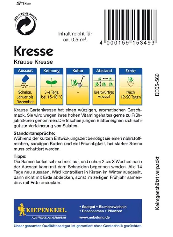 Kiepenkerl Kresse Krause Kresse Lepidium sativum, Inhalt: ca. 0,5 m²