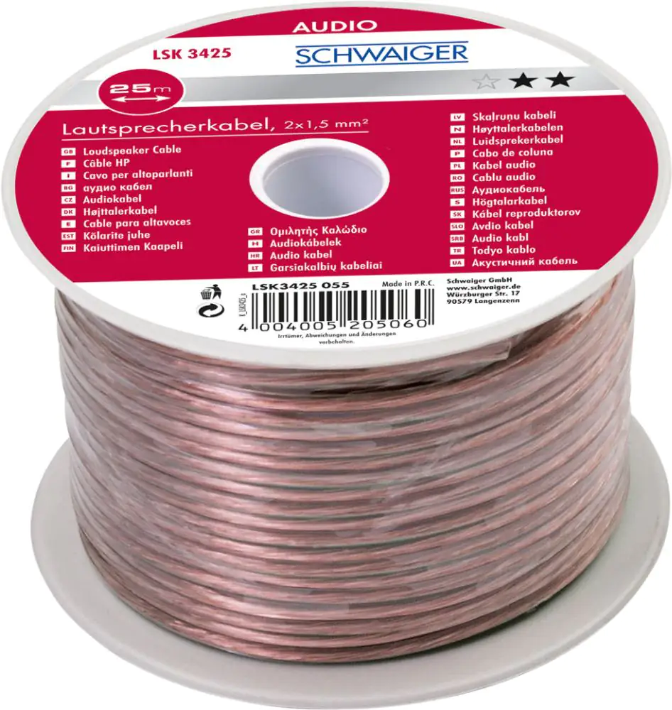 Schwaiger Lautsprecherkabel LSK3425 055 transparent, 25m, 2x 1,5mm², unkonfektioniert Schwaiger Lautsprecherkabel LSK3425 055 transparent, 25m, 2x 1,5mm², unkonfektioniert