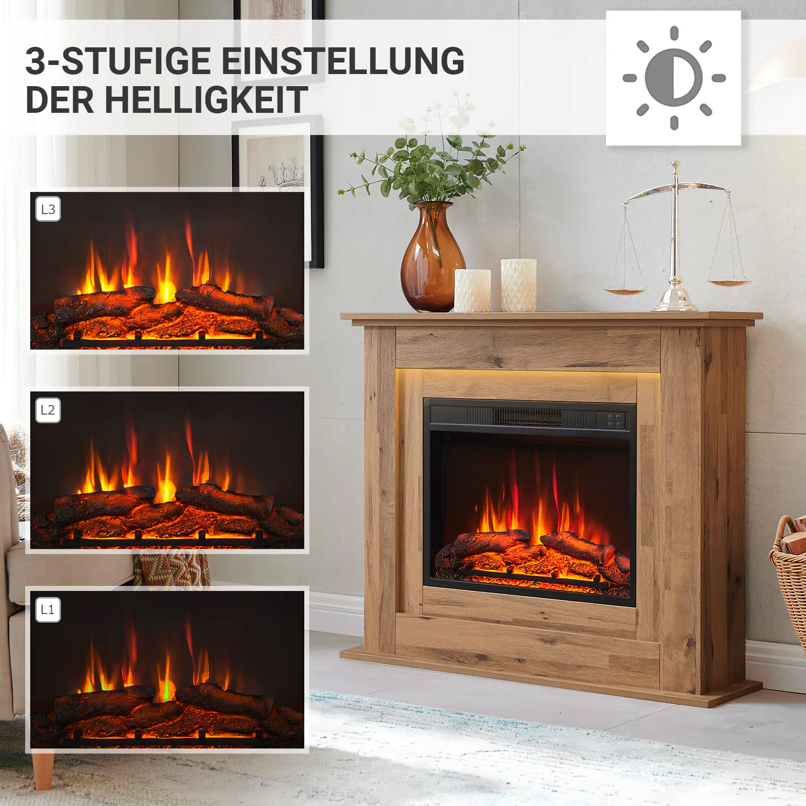 Elektrokamin BALDERIA Finn - Standkamin, Heizung 2000W - Dunkle Eiche