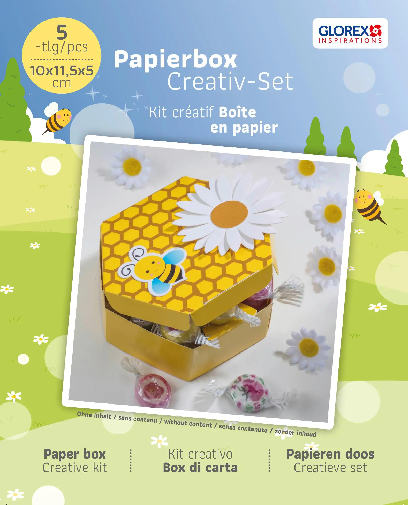 Glorex Papierbox Biene 5 teilig 10 x 10 x 5 cm