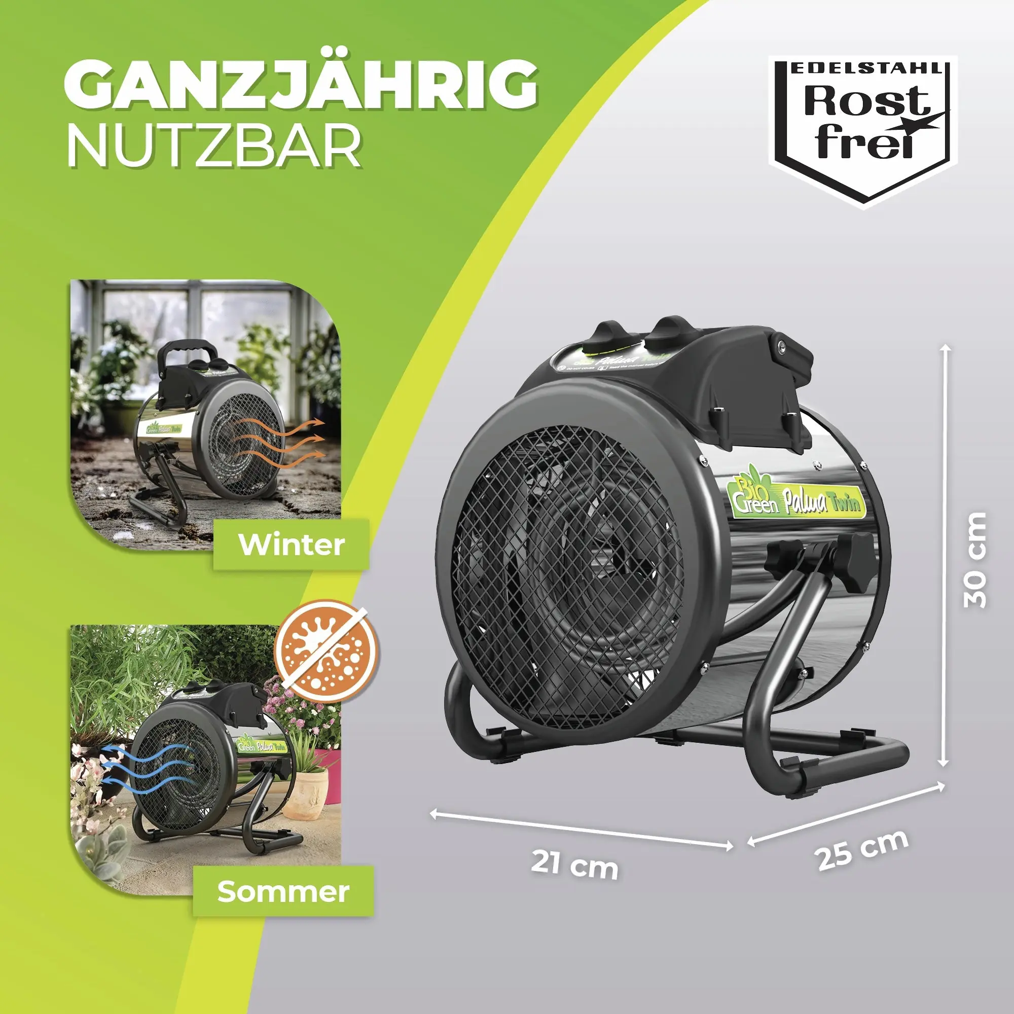 BioGreen Elektroheizung für Gewächshaus Palma Twin Basic silber/schwarz 25 x 30 cm mit manuellem Thermostat 1000/2000 W
