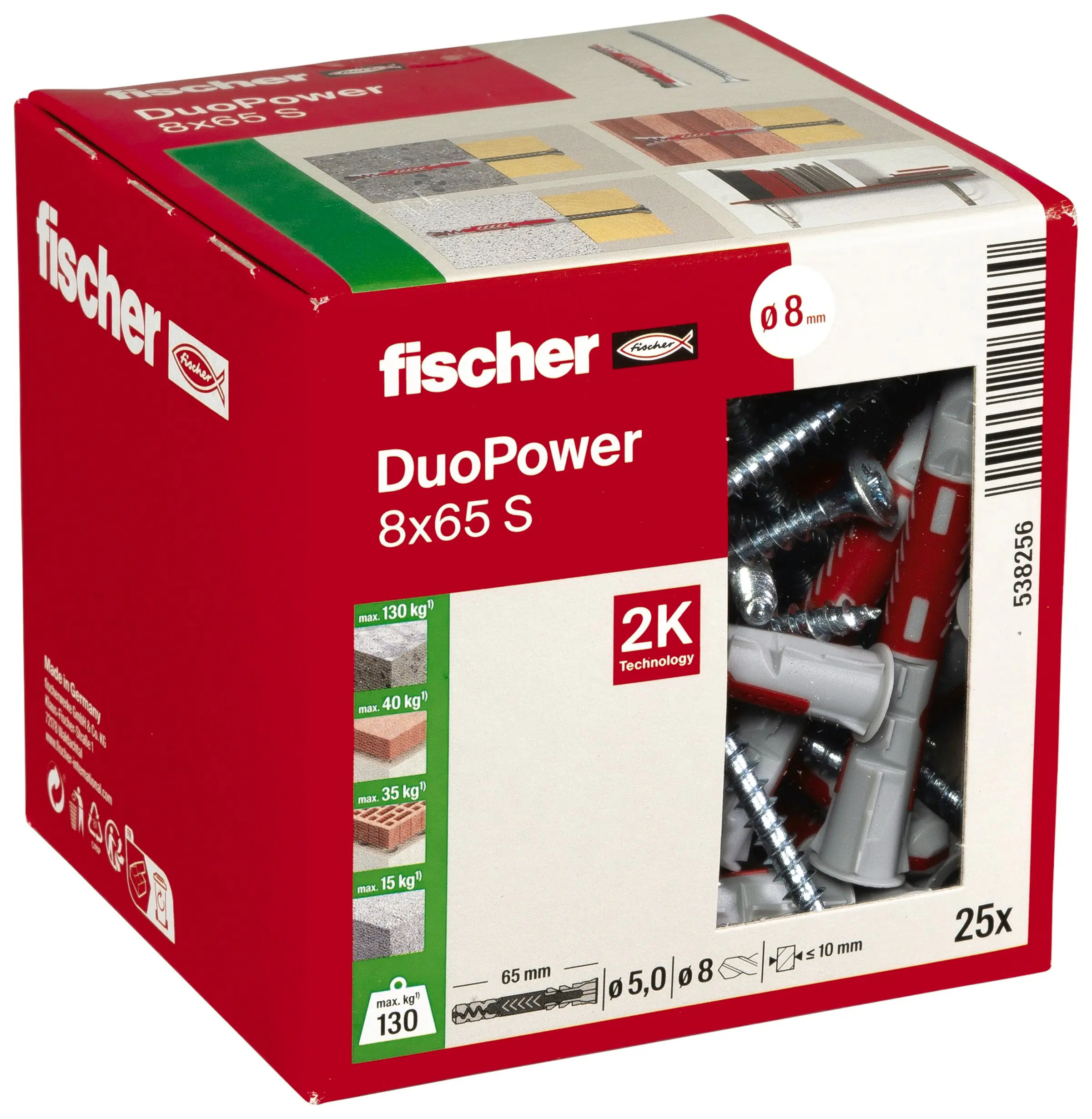 Fischer Dübel-Set Duopower 8.0 x 65 mm mit Schrauben - 25 Stück