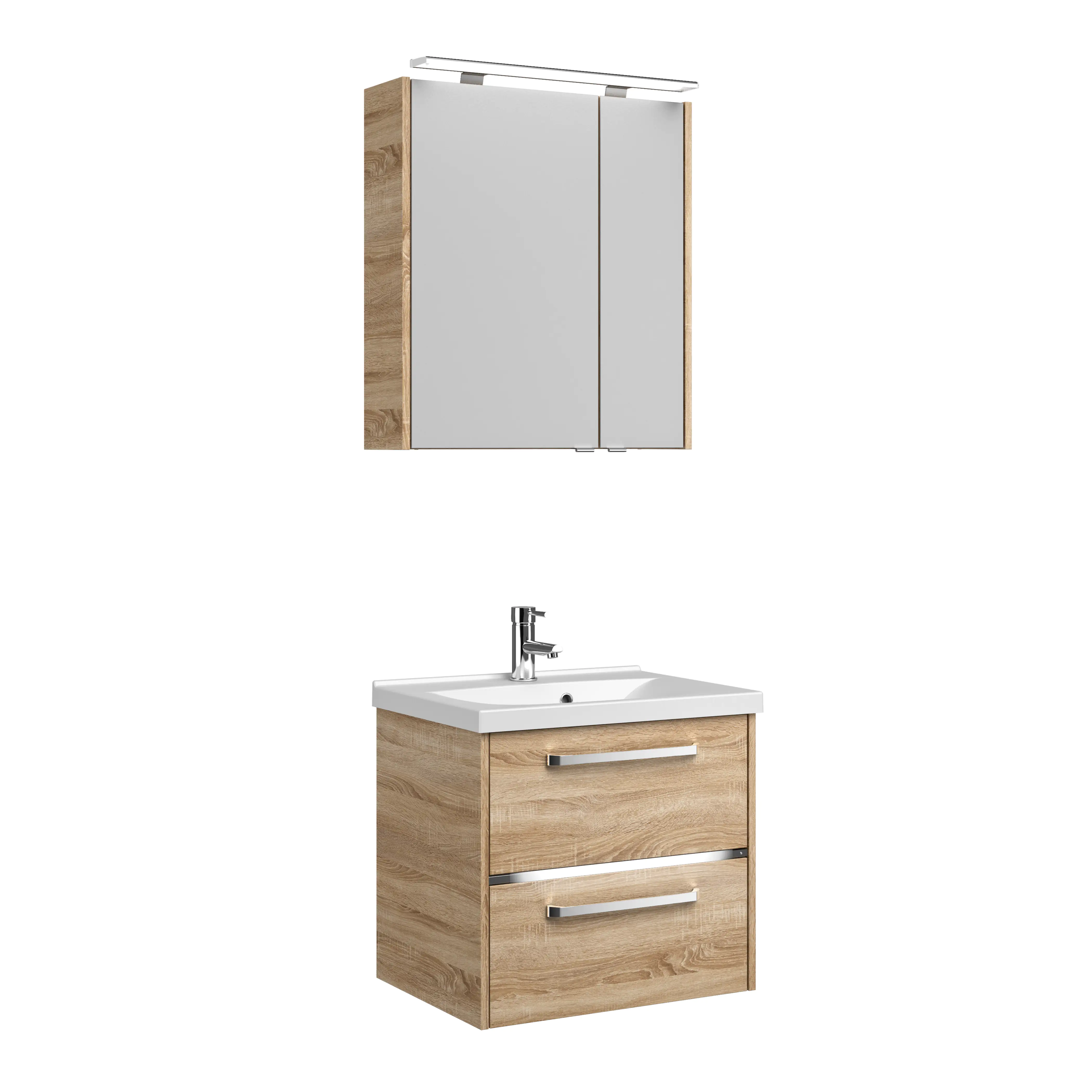 Primaster Badmöbelset Berlin eiche 65 cm LED-Leuchten, Mineralgusswaschtisch