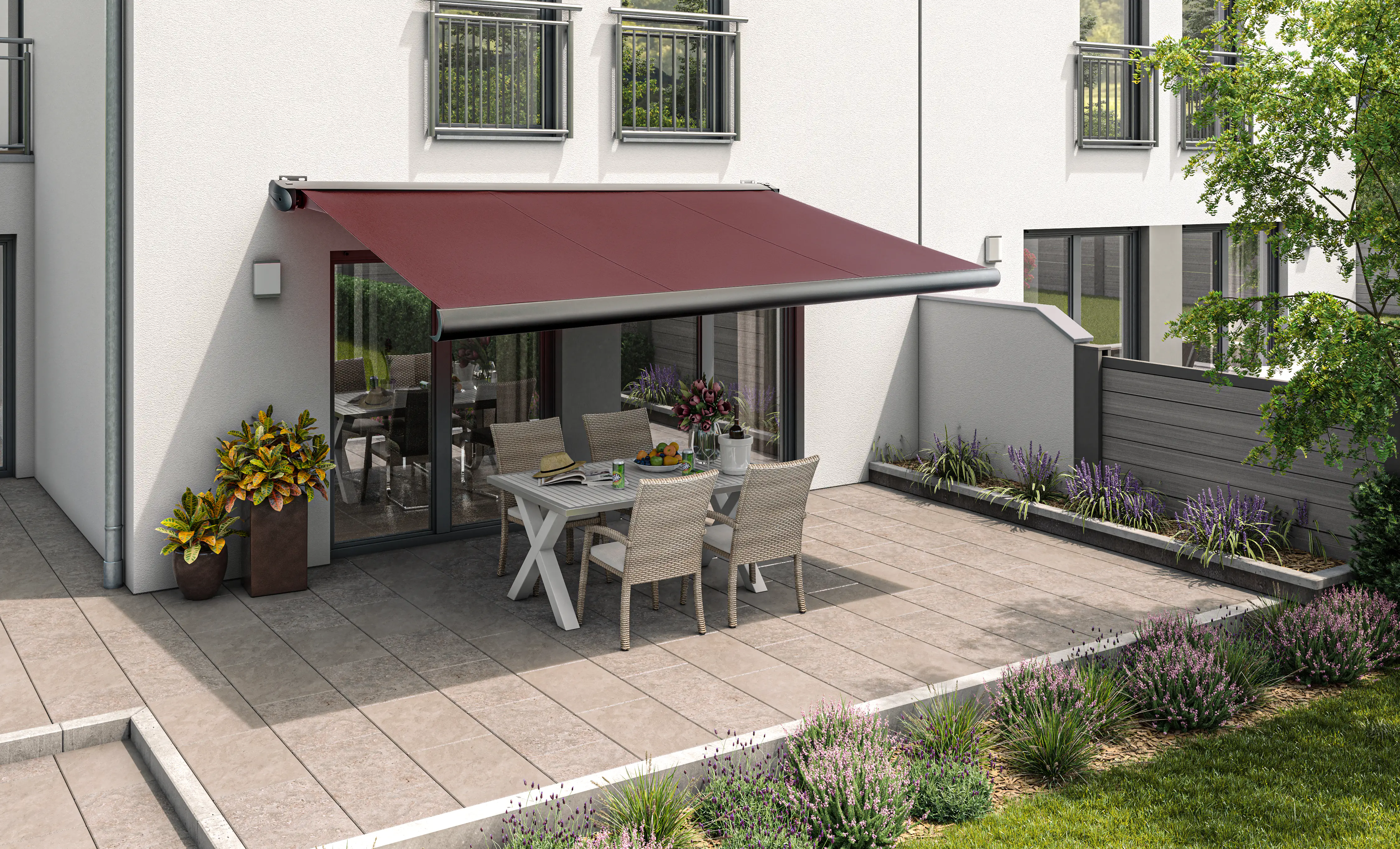 Kassetten-Markise elektrisch bordeaux rot Breite 400 cm Ausfall 300 cm