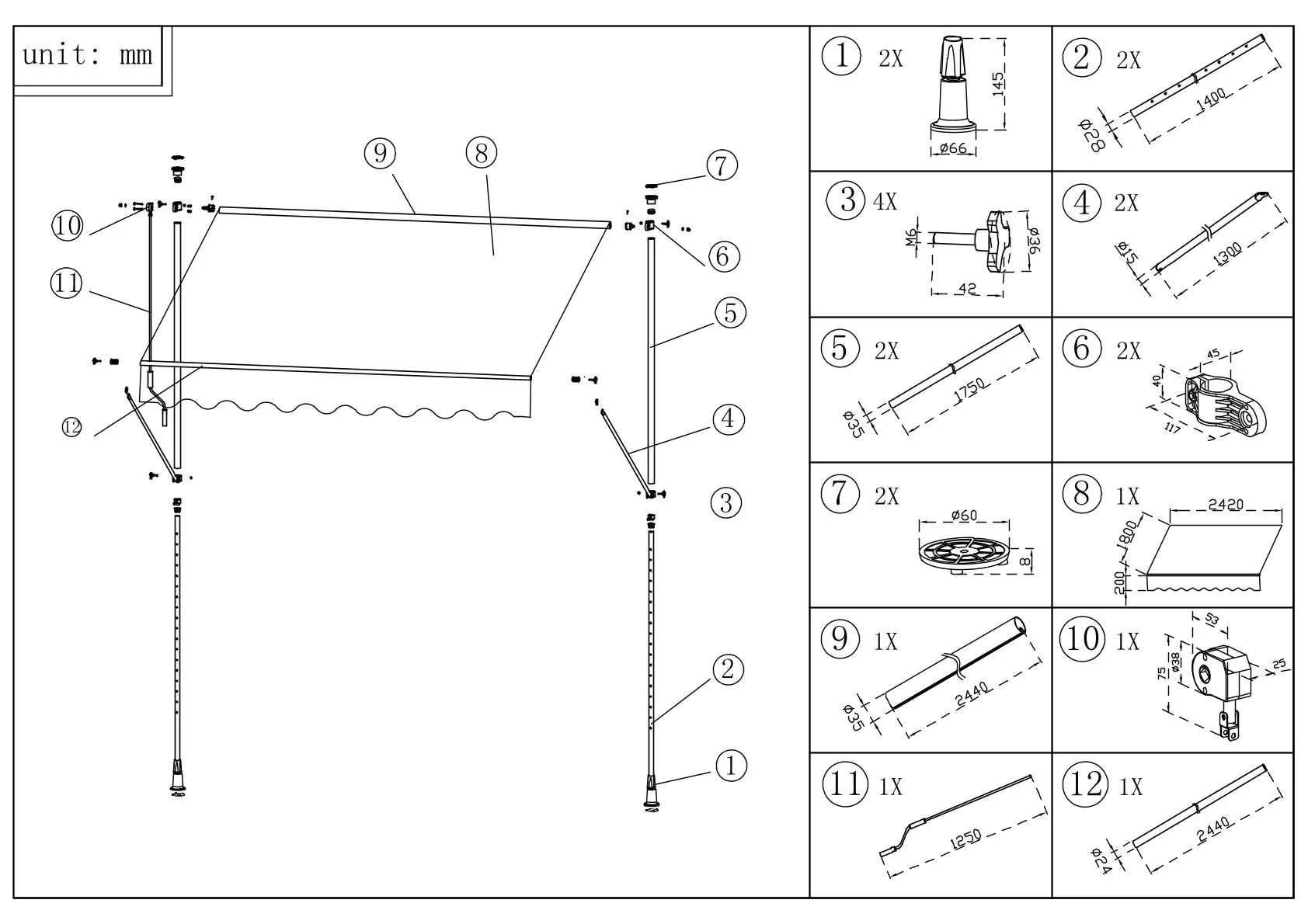 TrendLine Balkon-Markise 2,5 x 1,3 m grün-weiß gestreift