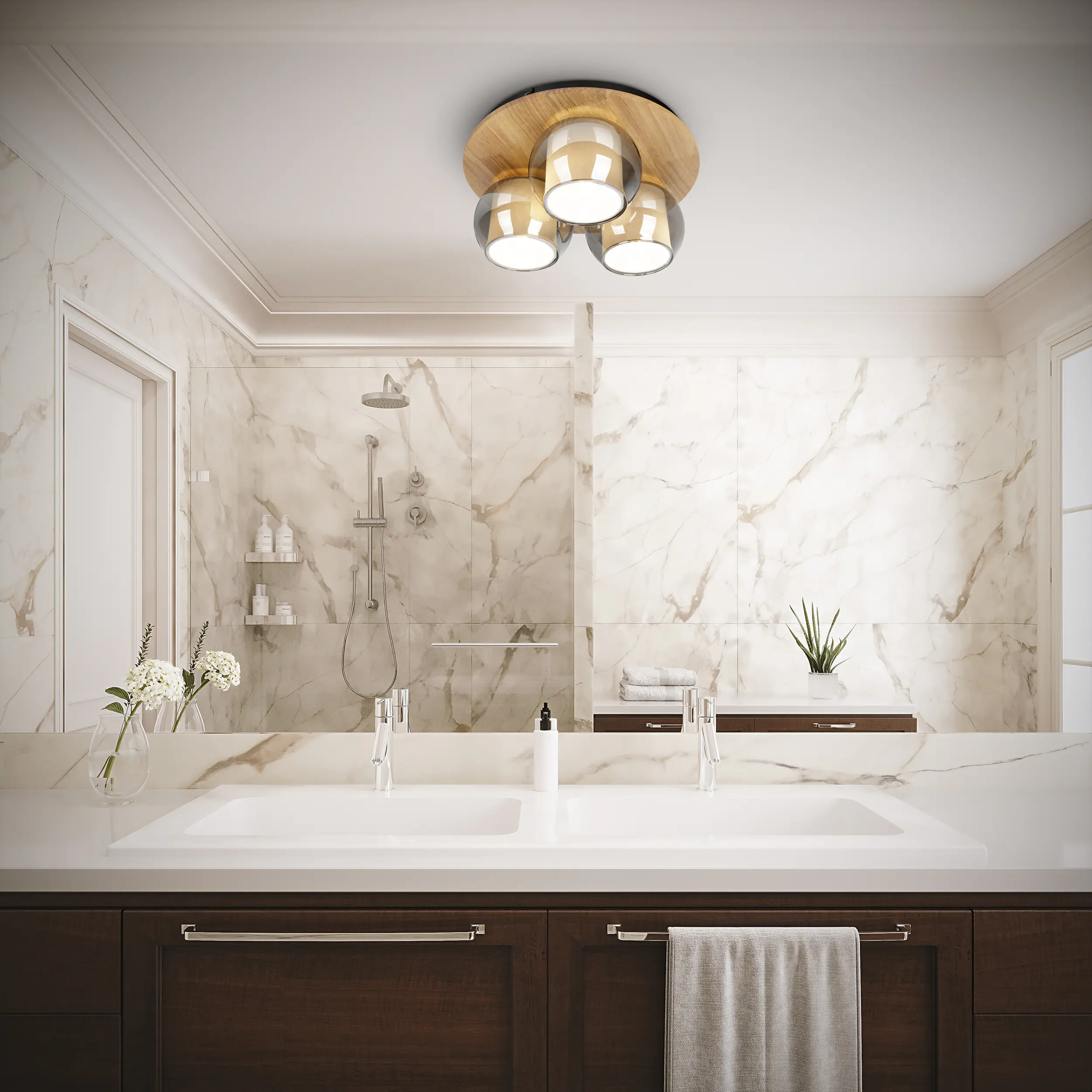 Light & More LED Deckenleuchte Texas Holz Glas 3er Spot rund