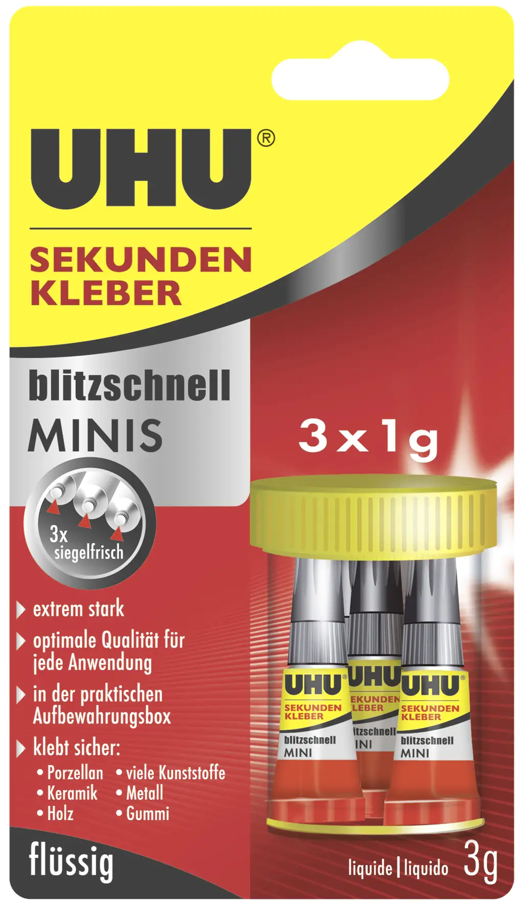 4026700454154_4671 UHU Sekundenkleber blitzschnell Minis 3 g (3 x 1 g), flüssig, in der praktischen Box