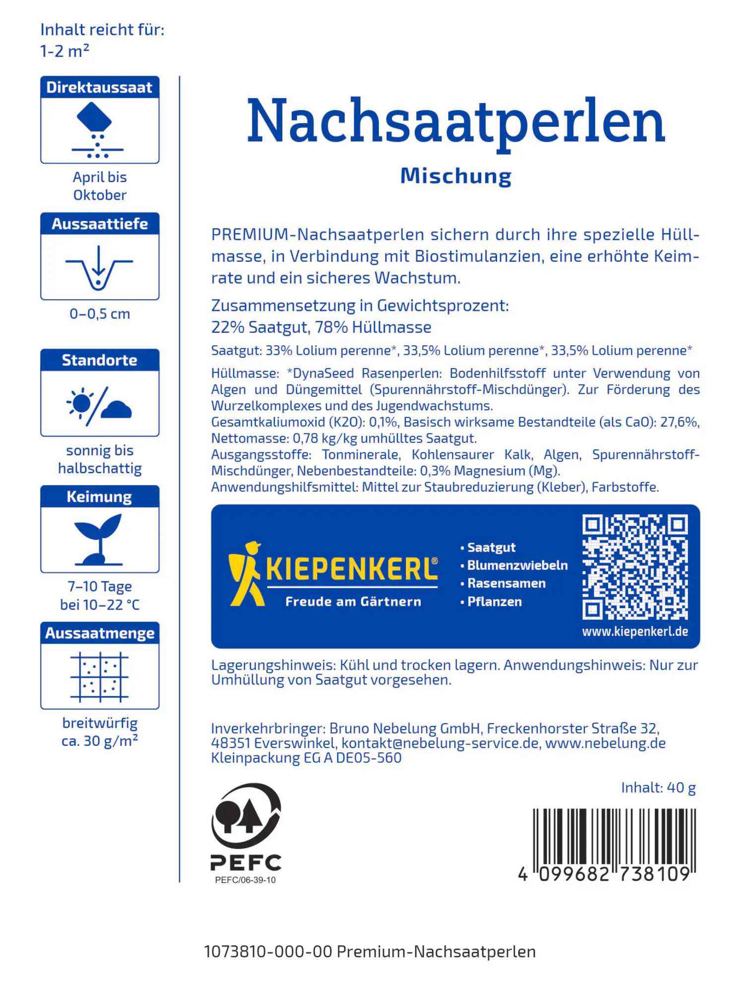Kiepenkerl Profi-Line Rasensamen Premium-Nachsaatperlen 40 g für ca. 1 - 2 m²