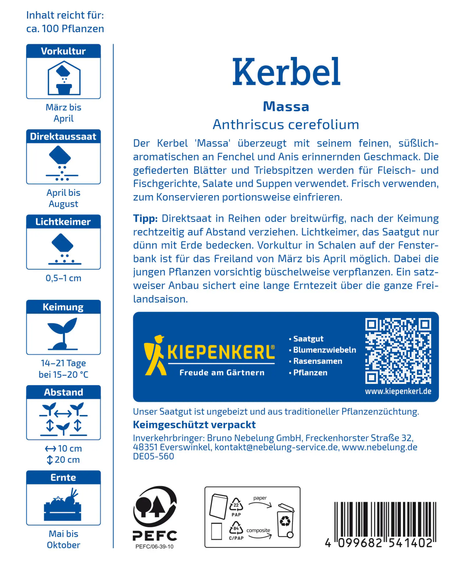 Kiepenkerl Saatgut Kerbel Massa für ca. 100 Pflanzen
