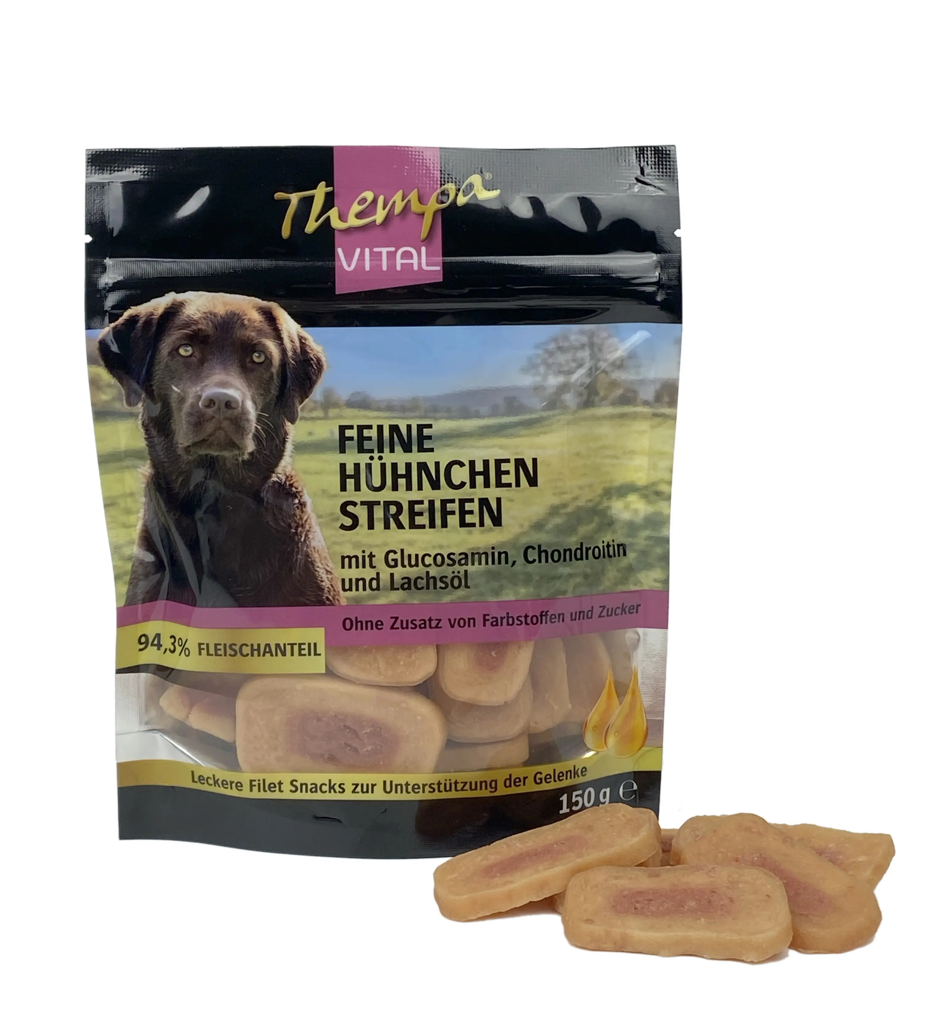 Thempa Vital Hundesnack Adult Hühnchenstreifen mit Kürbis 150 g Thempa Vital Hundesnack Adult Hühnchenstreifen mit Kürbis 150 g
